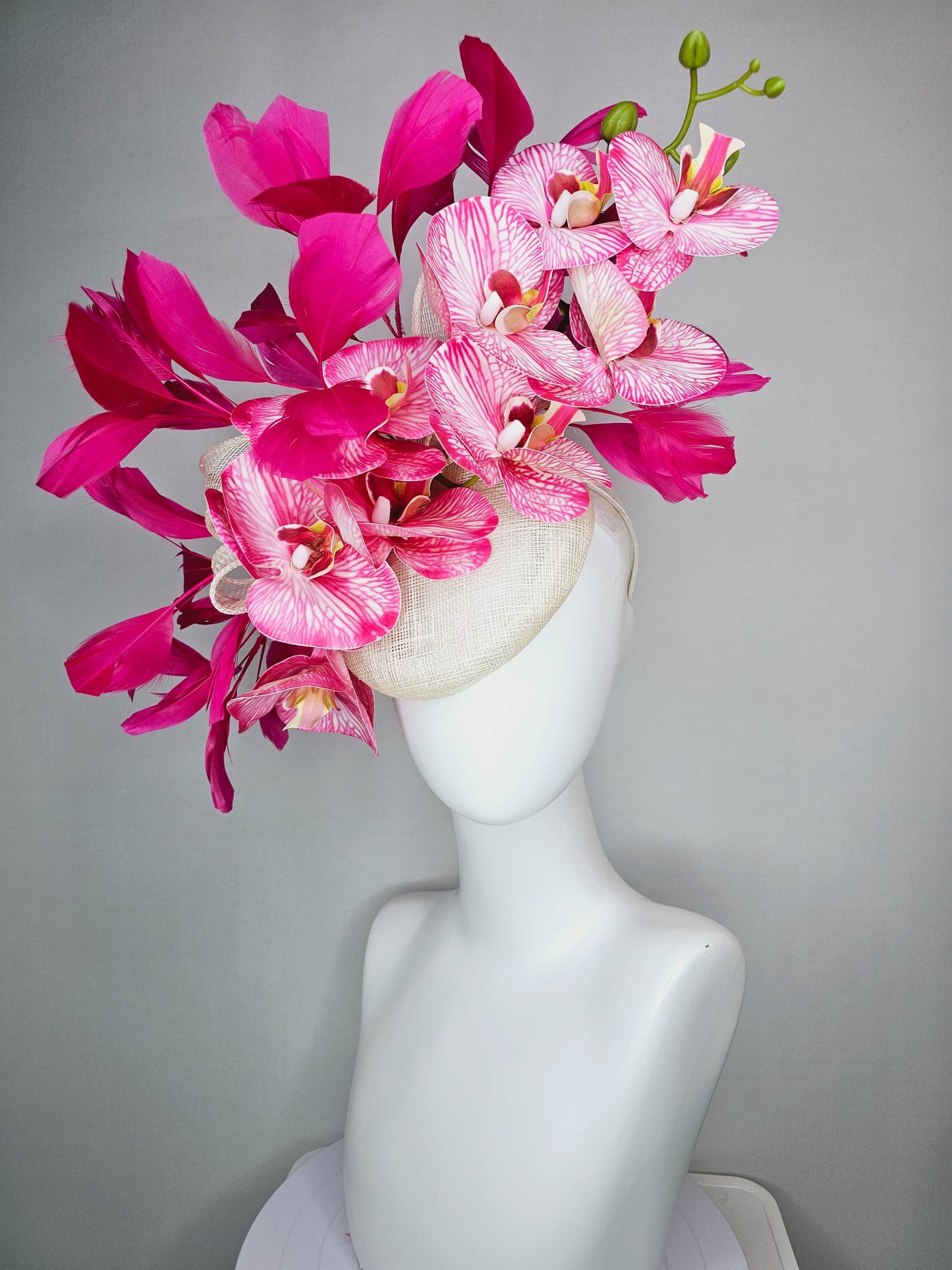 kentucky derby hat fascinator ivory white sinamay with bow and white and pink satin orchid flowers with hot pink branching feathers