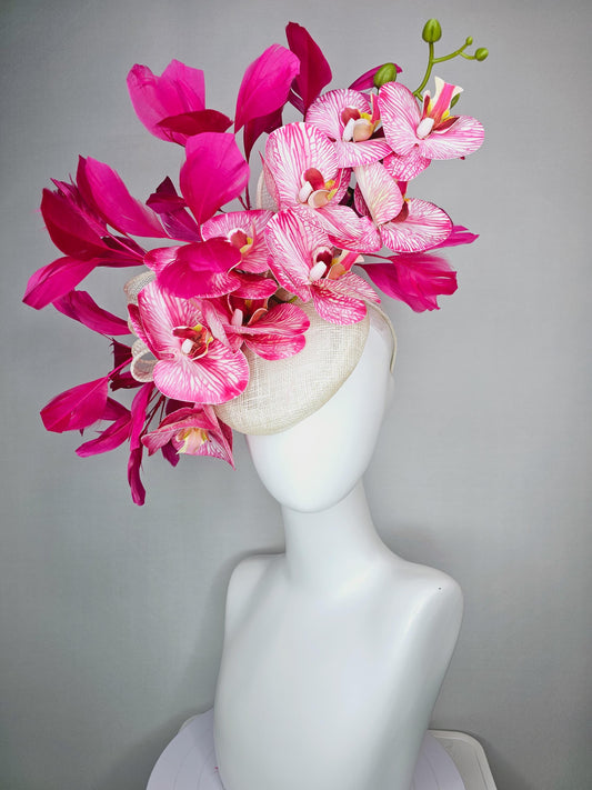 kentucky derby hat fascinator ivory white sinamay with bow and white and pink satin orchid flowers with hot pink branching feathers