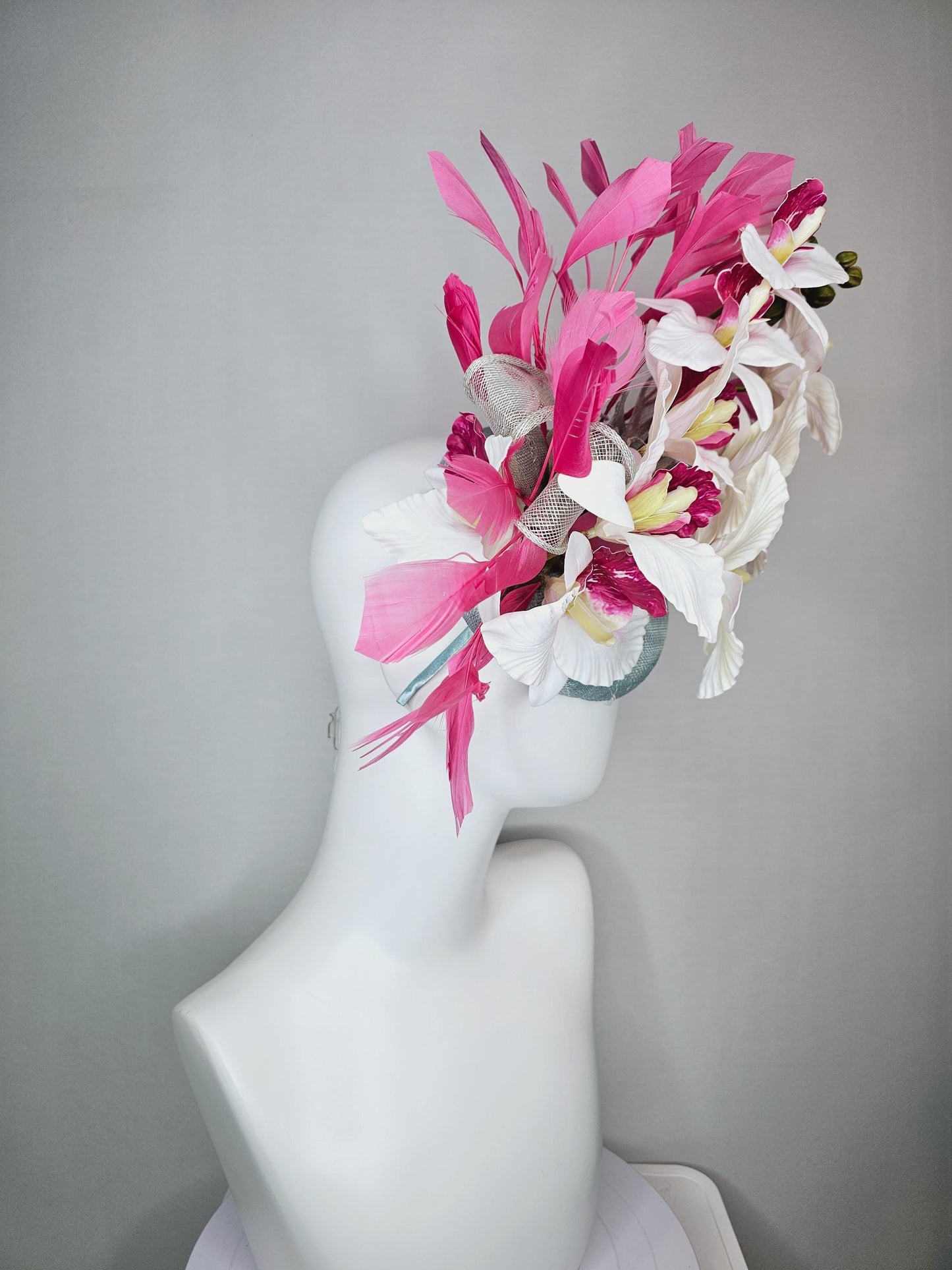 kentucky derby hat fascinator silver gray blue sinamay with bow and hot pink white satin orchid flowers with hot pink branching feathers
