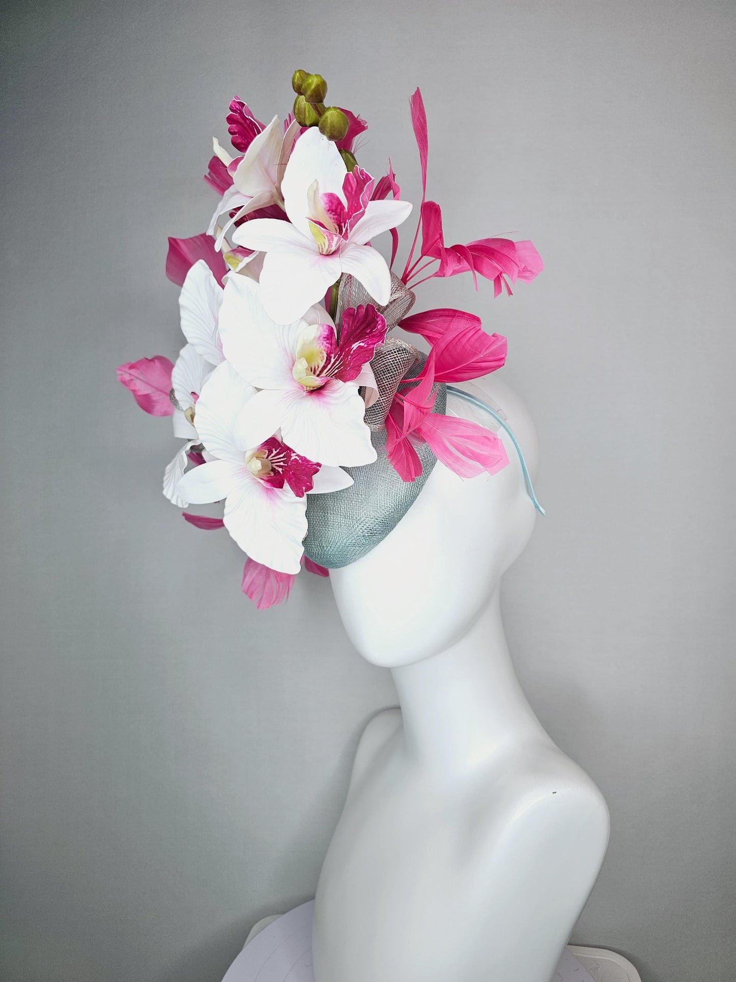 kentucky derby hat fascinator silver gray blue sinamay with bow and hot pink white satin orchid flowers with hot pink branching feathers