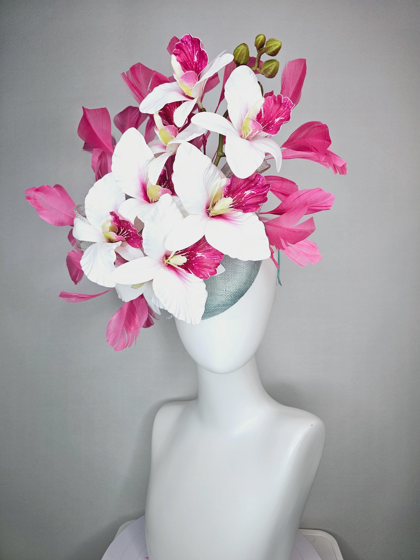 kentucky derby hat fascinator silver gray blue sinamay with bow and hot pink white satin orchid flowers with hot pink branching feathers
