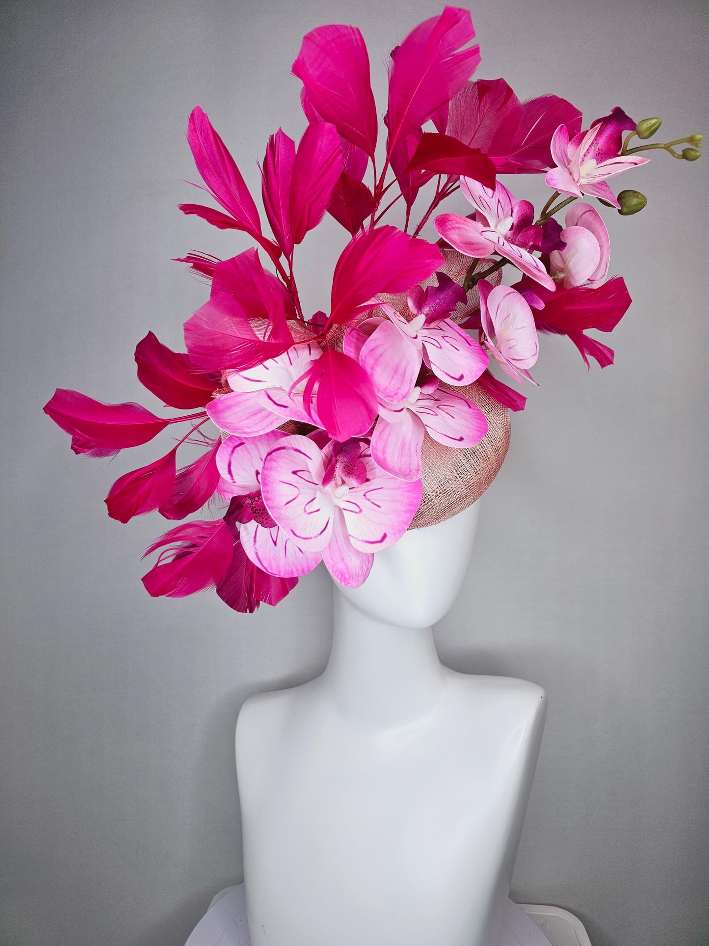 kentucky derby hat fascinator champagne pink sinamay with bow and blush pink satin orchid flowers with hot pink branching feathers