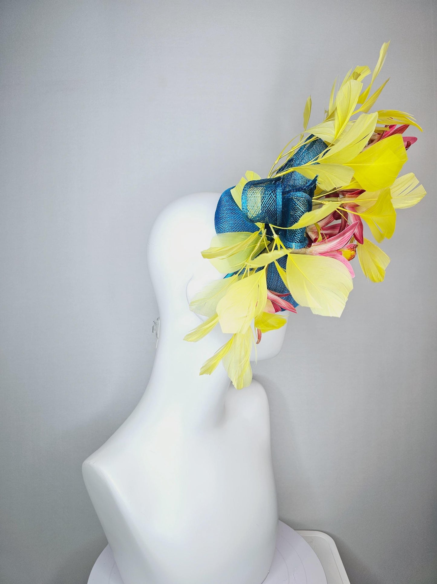 kentucky derby hat fascinator turquoise blue sinamay with bow and raspberry red satin orchid flowers with yellow branching feathers
