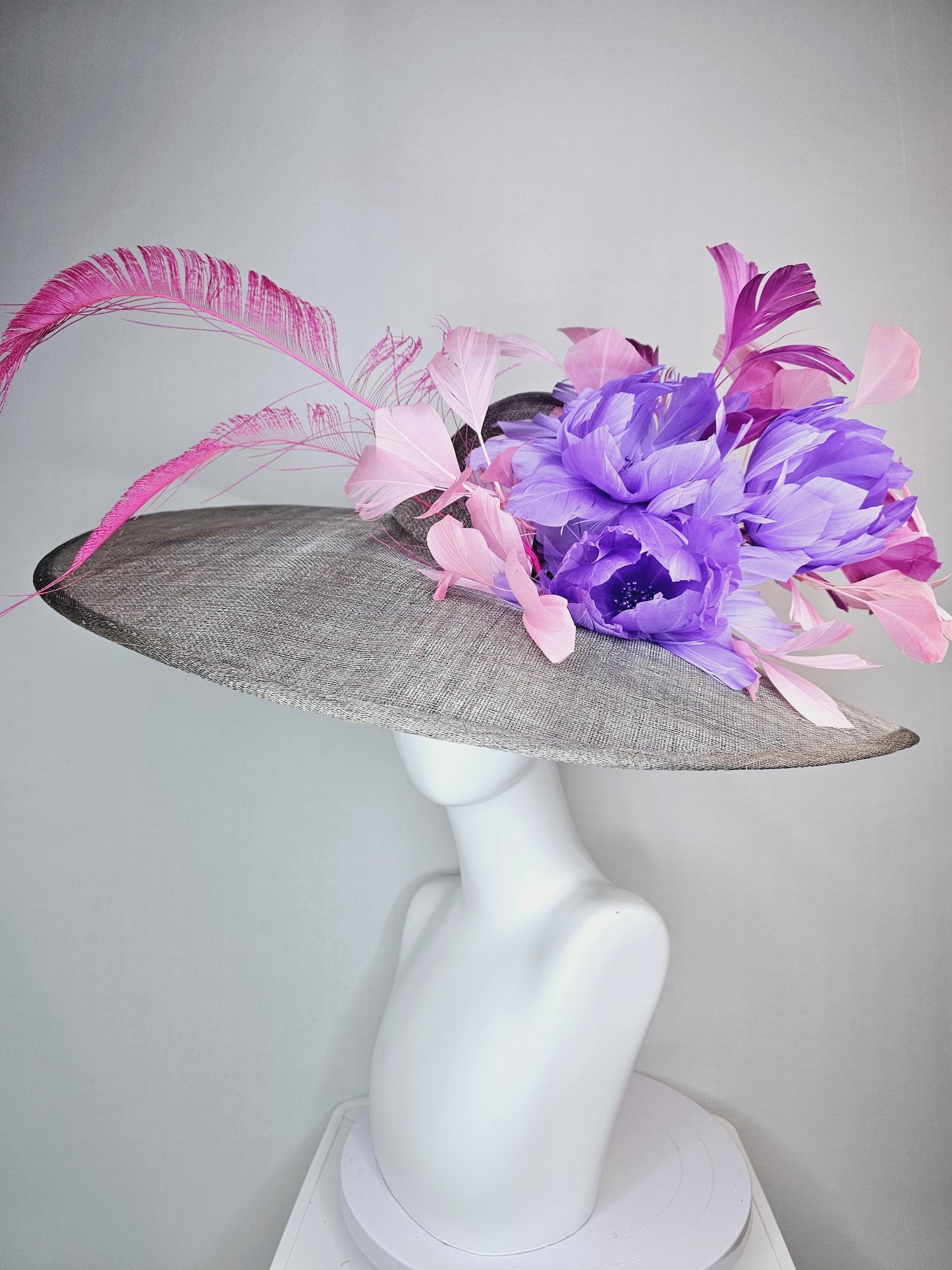 kentucky derby hat large wide brim sinamay silver gray hat with violet pink feathers purple lavender  fluffy feather flowers