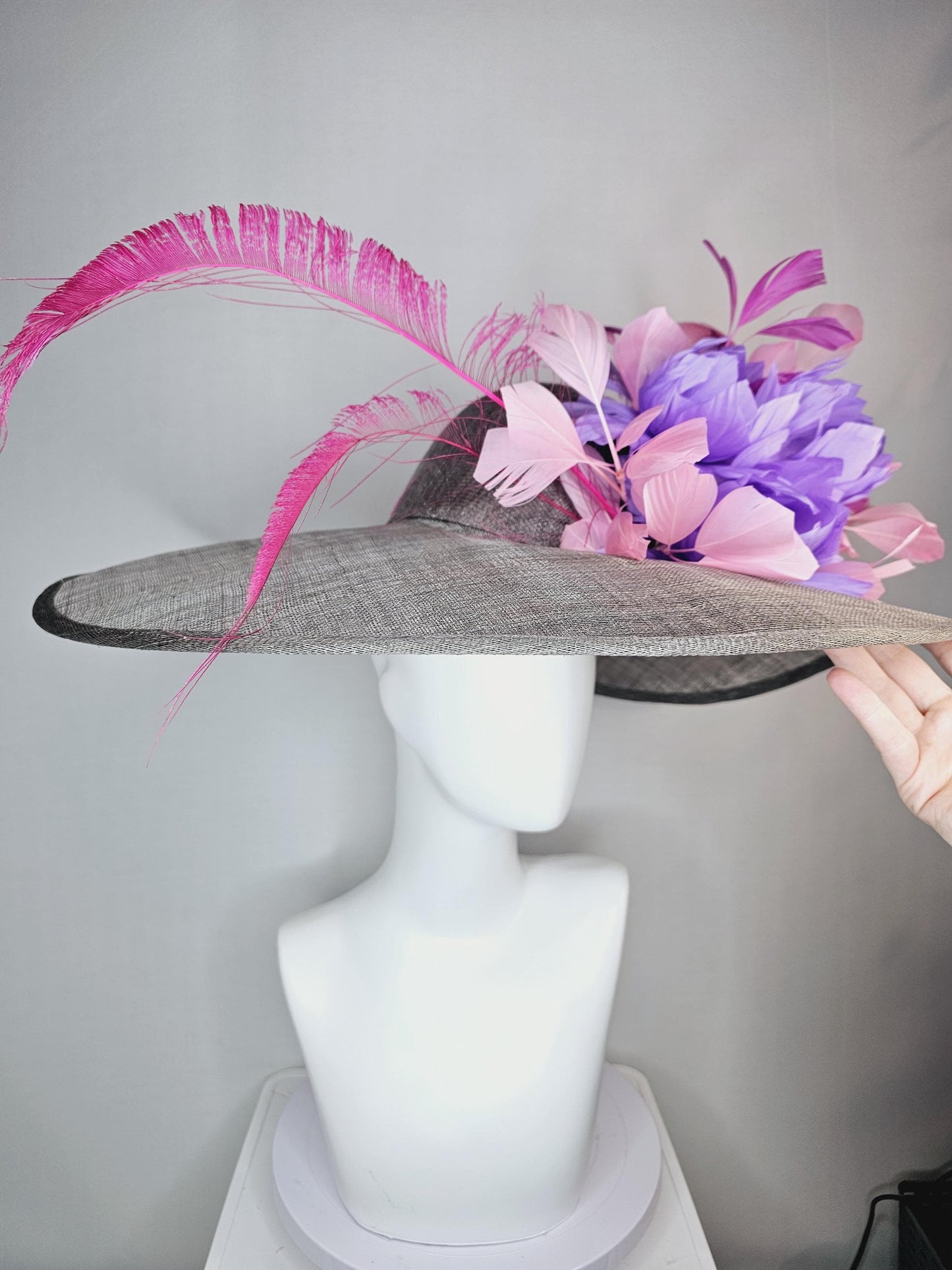 kentucky derby hat large wide brim sinamay silver gray hat with violet pink feathers purple lavender  fluffy feather flowers