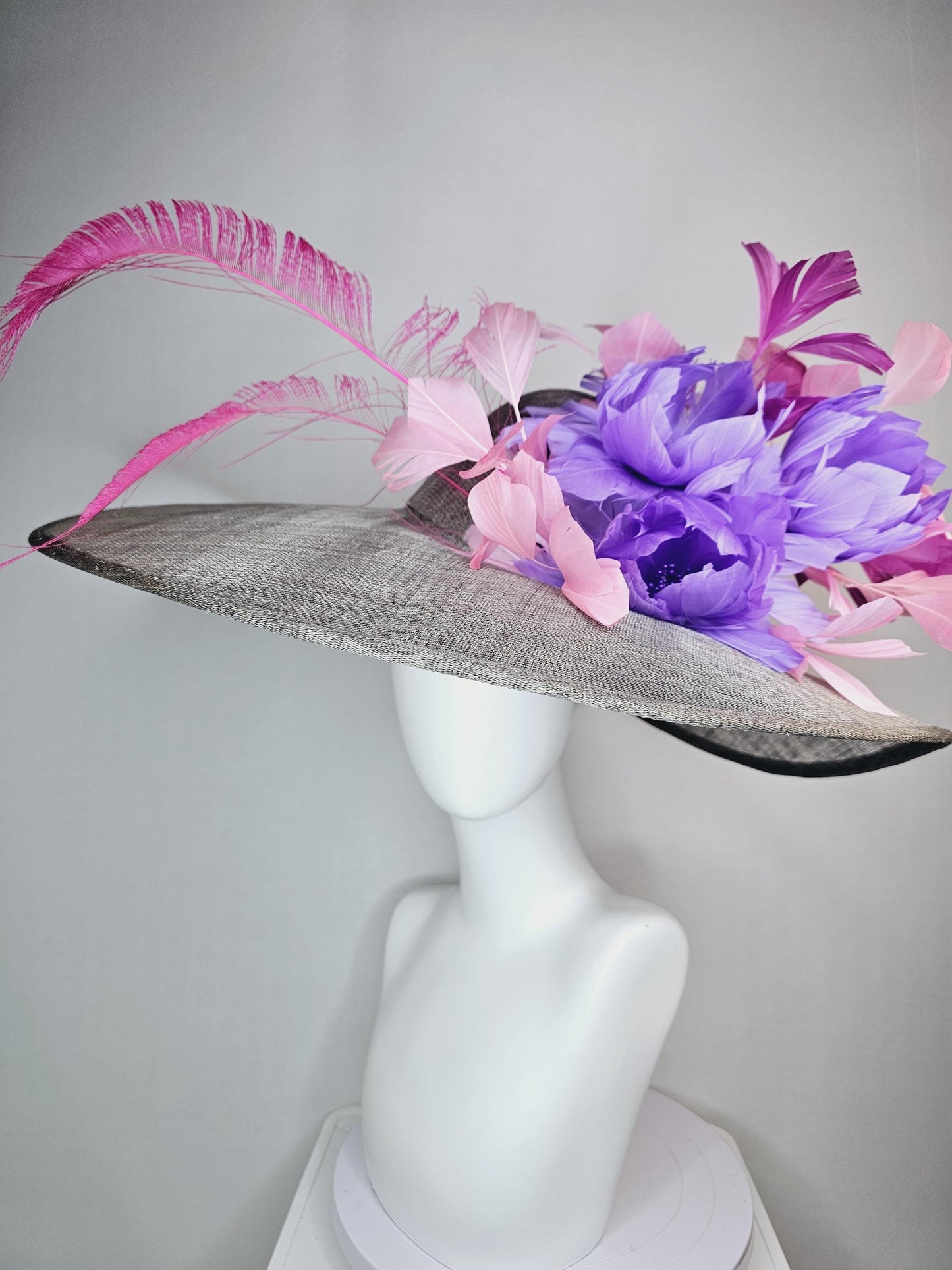 kentucky derby hat large wide brim sinamay silver gray hat with violet pink feathers purple lavender  fluffy feather flowers
