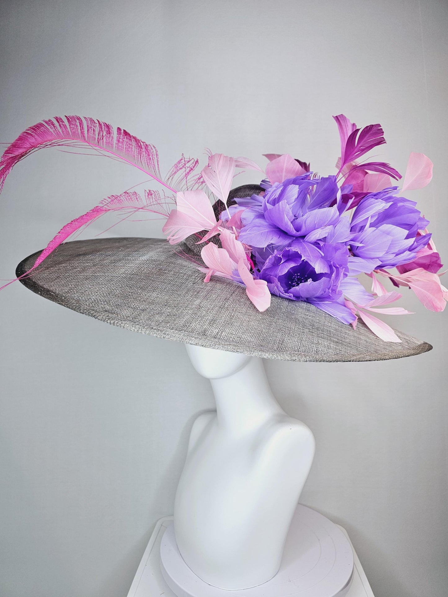 kentucky derby hat large wide brim sinamay silver gray hat with violet pink feathers purple lavender  fluffy feather flowers