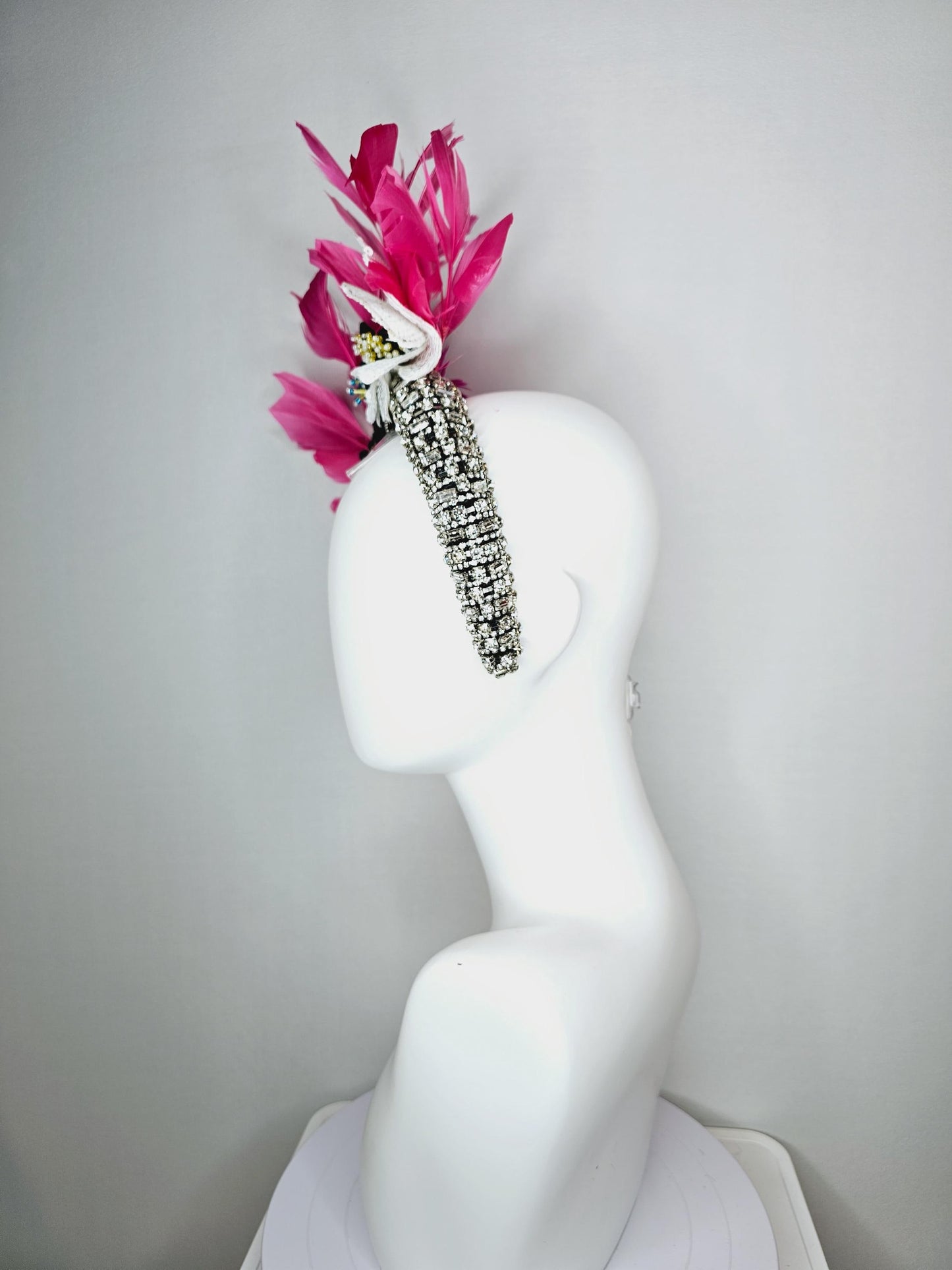 kentucky derby hat fascinator crystal jewel beaded headband with colorful sequin red green blue and white beaded flowers hot pink feathers