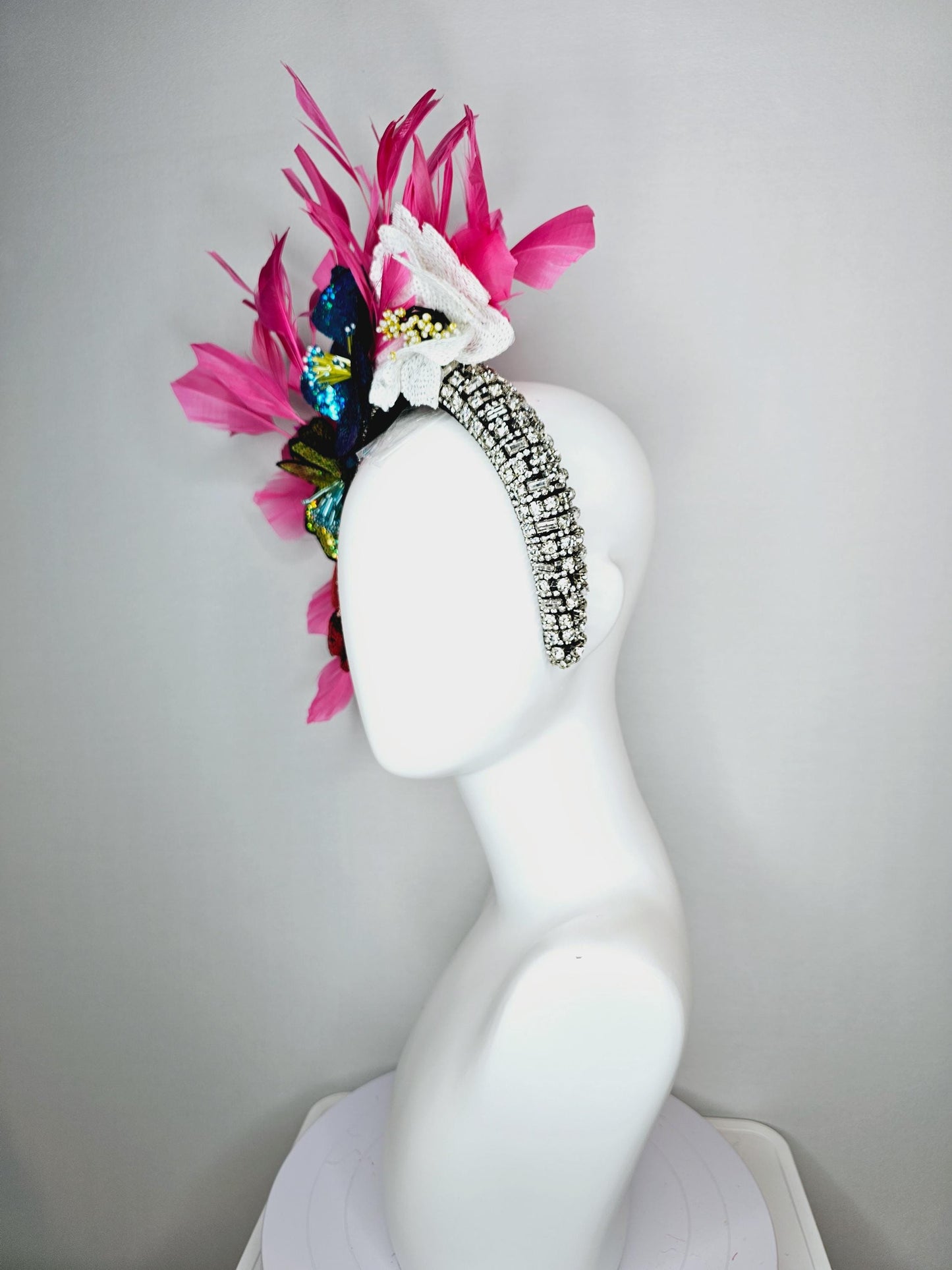 kentucky derby hat fascinator crystal jewel beaded headband with colorful sequin red green blue and white beaded flowers hot pink feathers