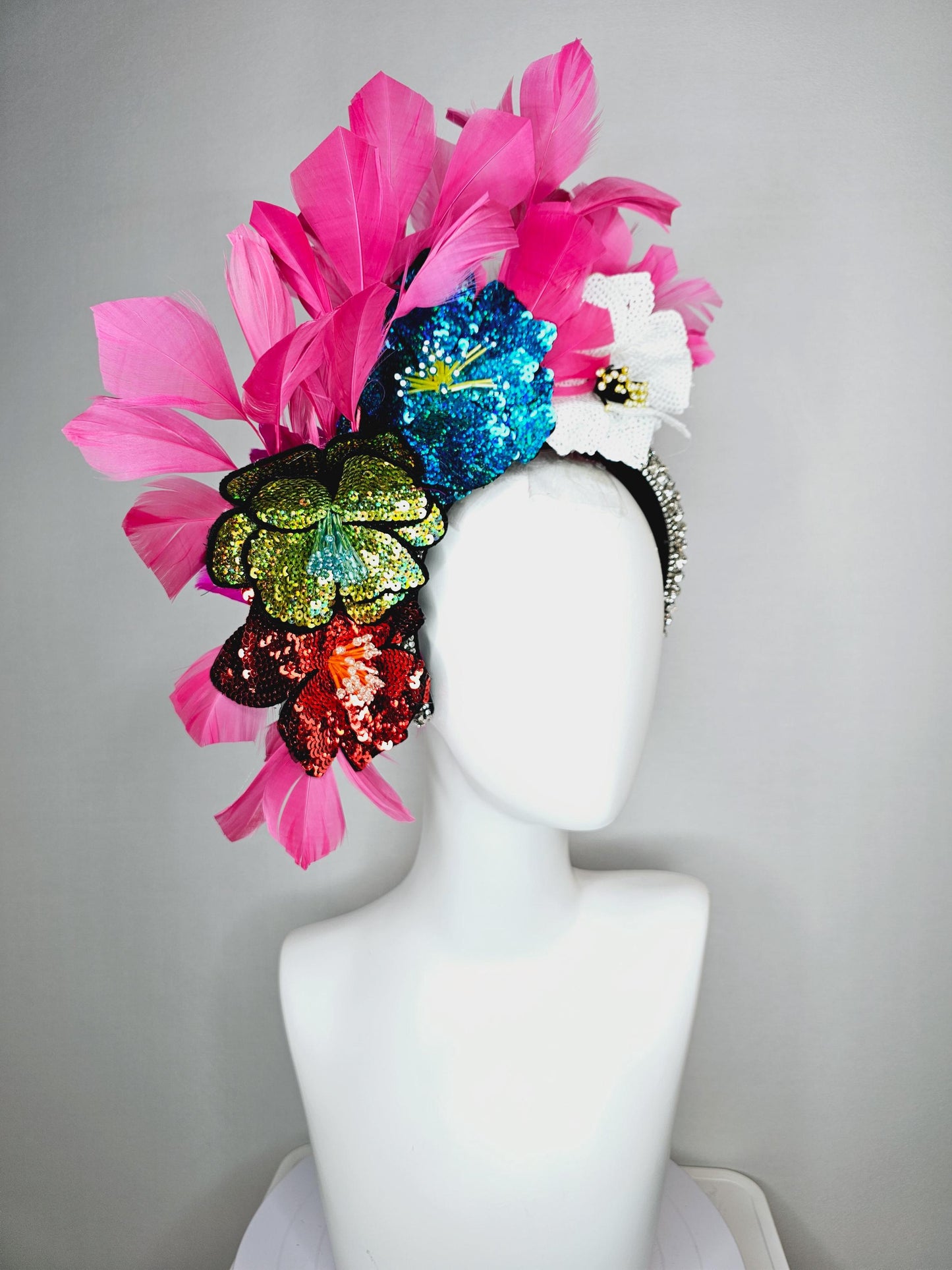 kentucky derby hat fascinator crystal jewel beaded headband with colorful sequin red green blue and white beaded flowers hot pink feathers