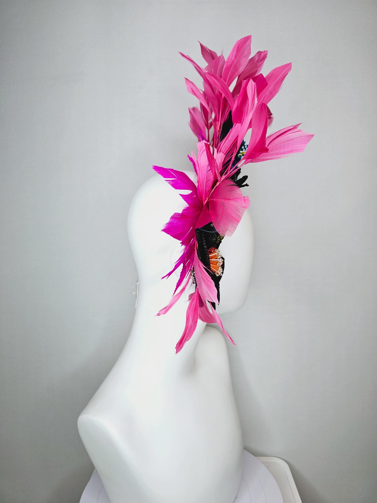 kentucky derby hat fascinator crystal jewel beaded headband with colorful sequin red green blue and white beaded flowers hot pink feathers