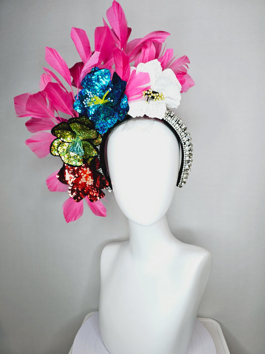 kentucky derby hat fascinator crystal jewel beaded headband with colorful sequin red green blue and white beaded flowers hot pink feathers