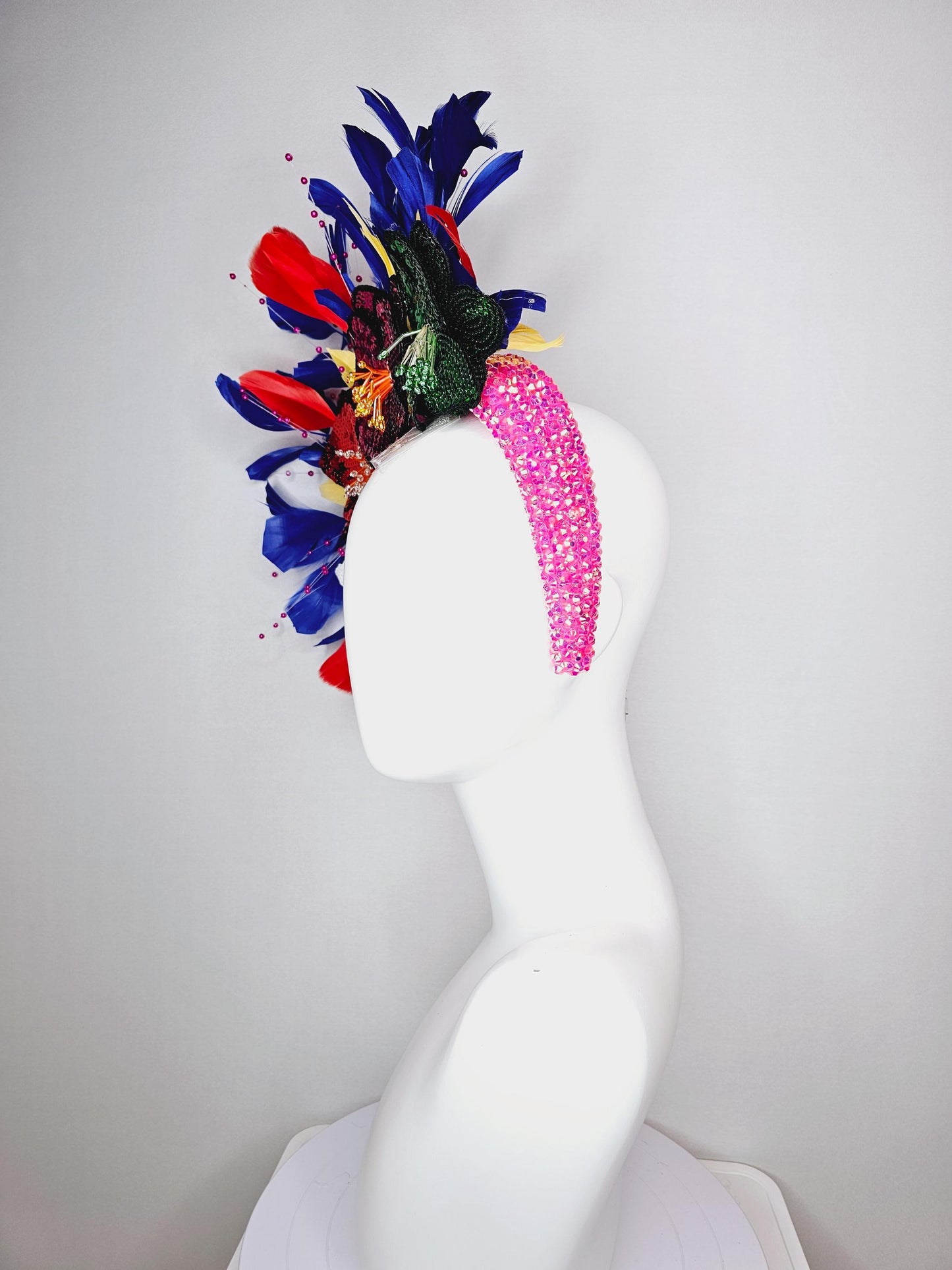 kentucky derby hat fascinator iridescent pink crystal headband colorful sequin white red pink green beaded flowers cobalt blue red feathers