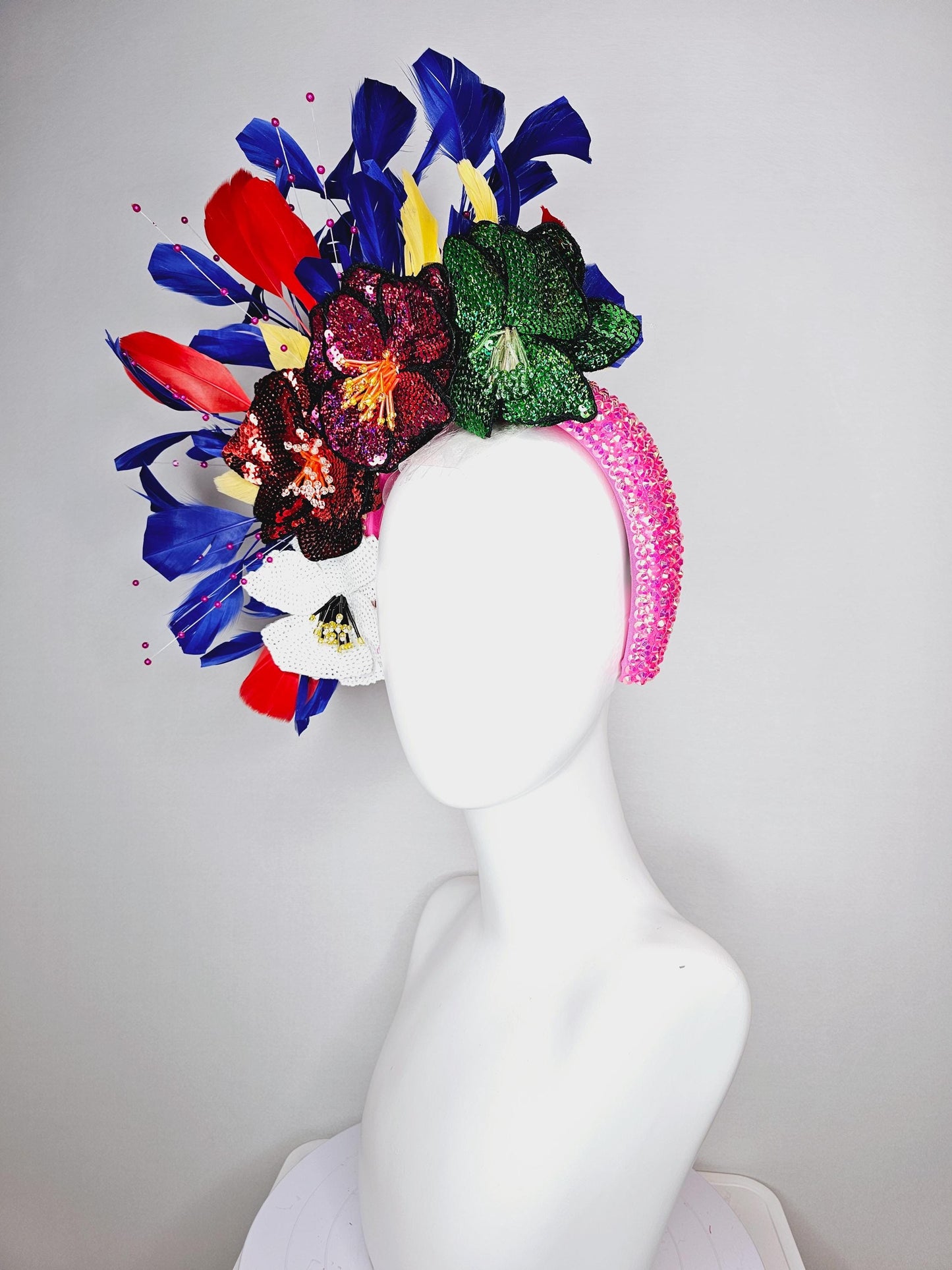 kentucky derby hat fascinator iridescent pink crystal headband colorful sequin white red pink green beaded flowers cobalt blue red feathers