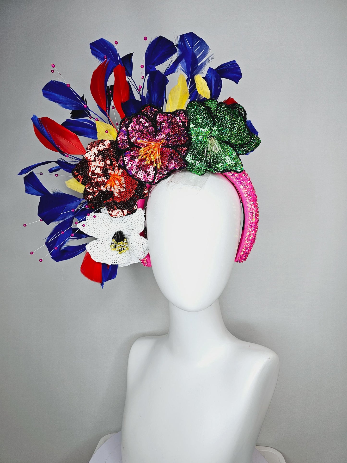 kentucky derby hat fascinator iridescent pink crystal headband colorful sequin white red pink green beaded flowers cobalt blue red feathers