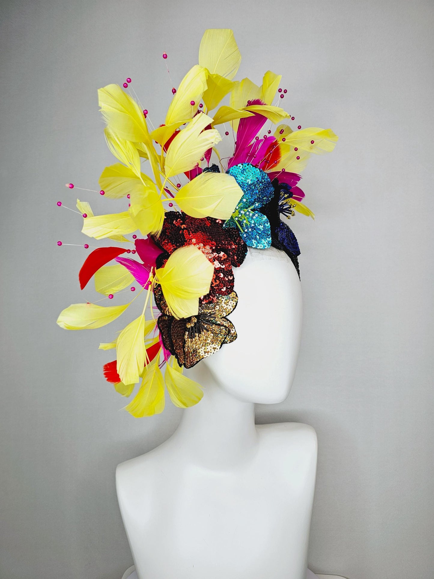 kentucky derby hat fascinator black crystal headband with colorful sequin gold red blue cobalt blue beaded flowers yellow pink red feathers