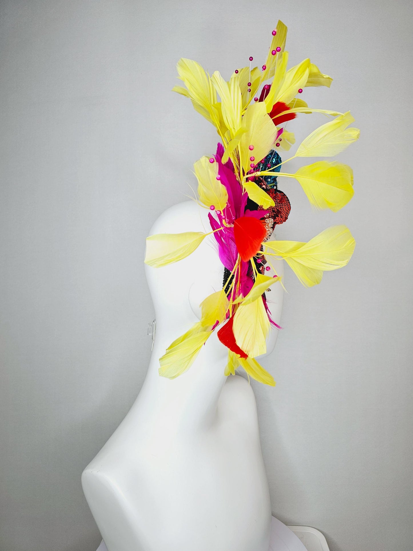 kentucky derby hat fascinator black crystal headband with colorful sequin gold red blue cobalt blue beaded flowers yellow pink red feathers