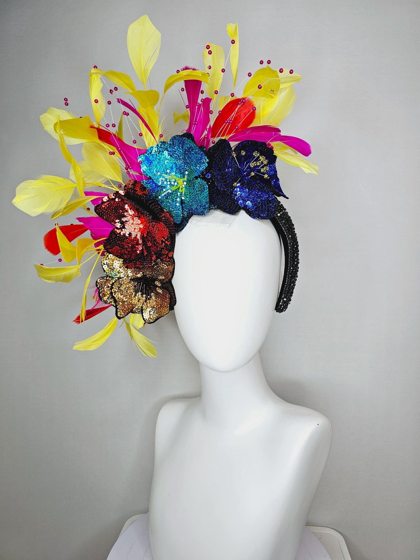 kentucky derby hat fascinator black crystal headband with colorful sequin gold red blue cobalt blue beaded flowers yellow pink red feathers