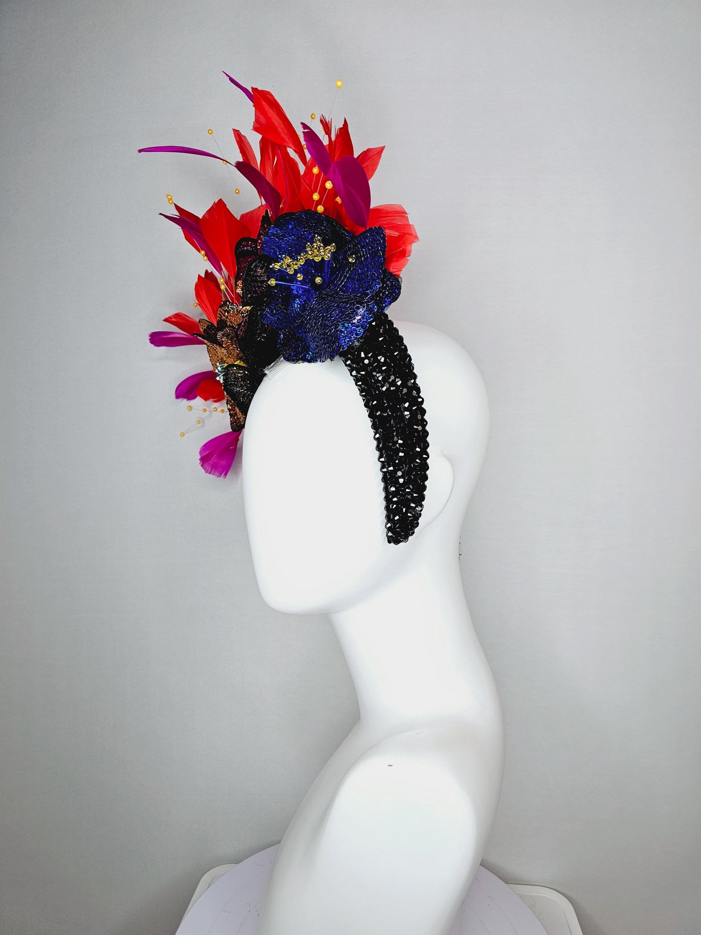 kentucky derby hat fascinator black crystal headband with colorful sequin blue gold pink cobalt blue beaded flowers pink red feathers