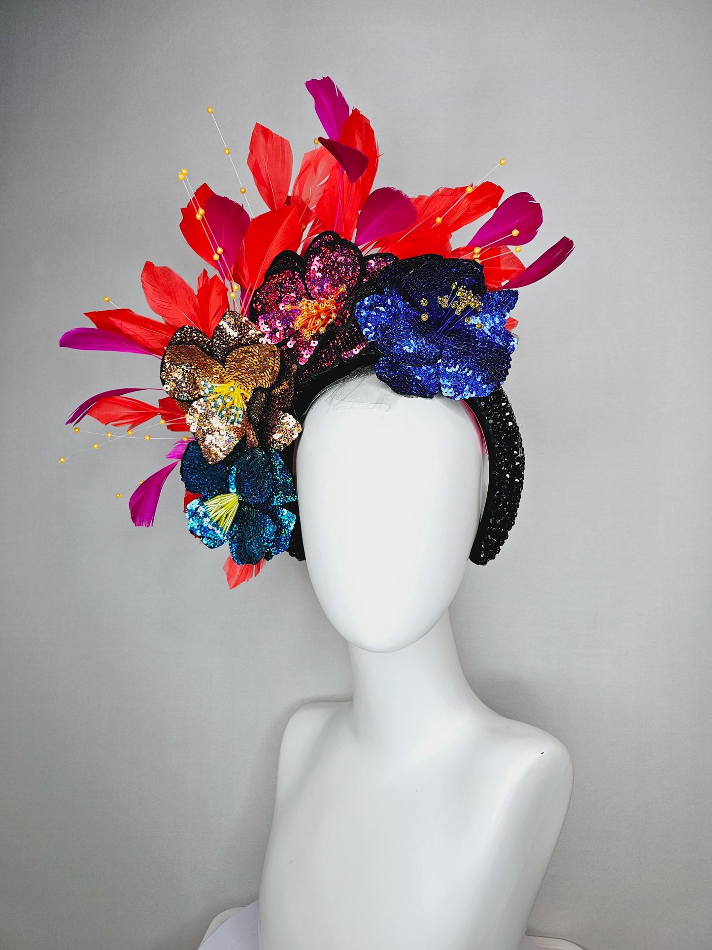 kentucky derby hat fascinator black crystal headband with colorful sequin blue gold pink cobalt blue beaded flowers pink red feathers