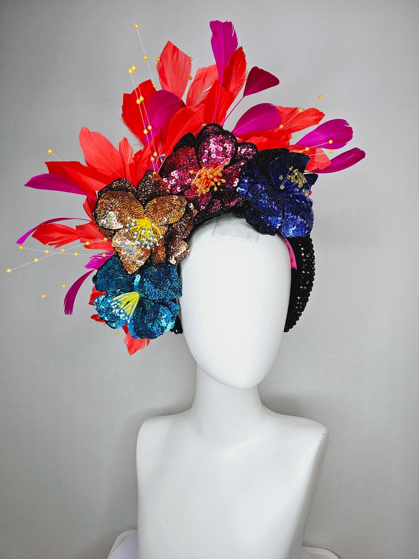 kentucky derby hat fascinator black crystal headband with colorful sequin blue gold pink cobalt blue beaded flowers pink red feathers
