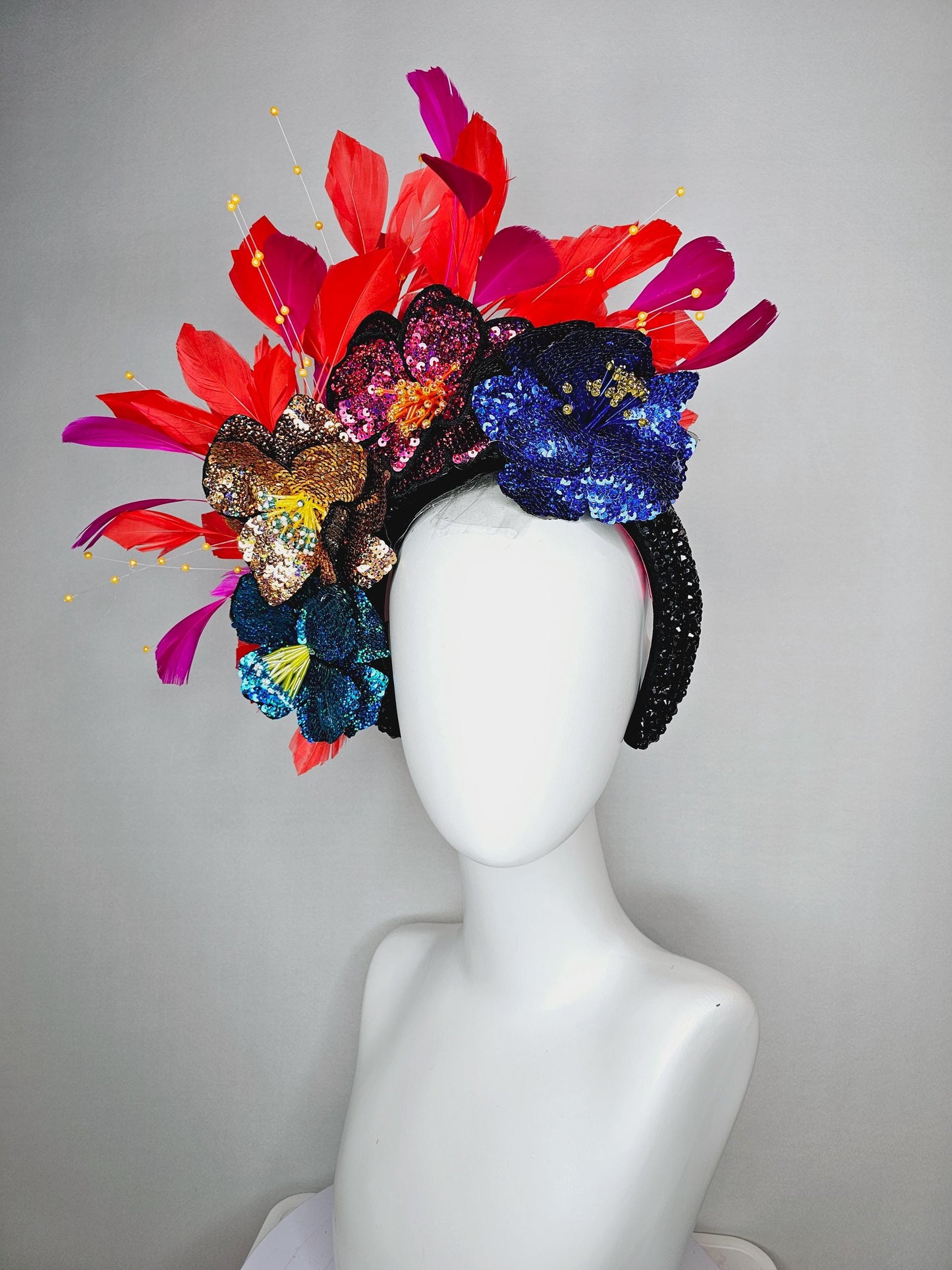 kentucky derby hat fascinator black crystal headband with colorful sequin blue gold pink cobalt blue beaded flowers pink red feathers