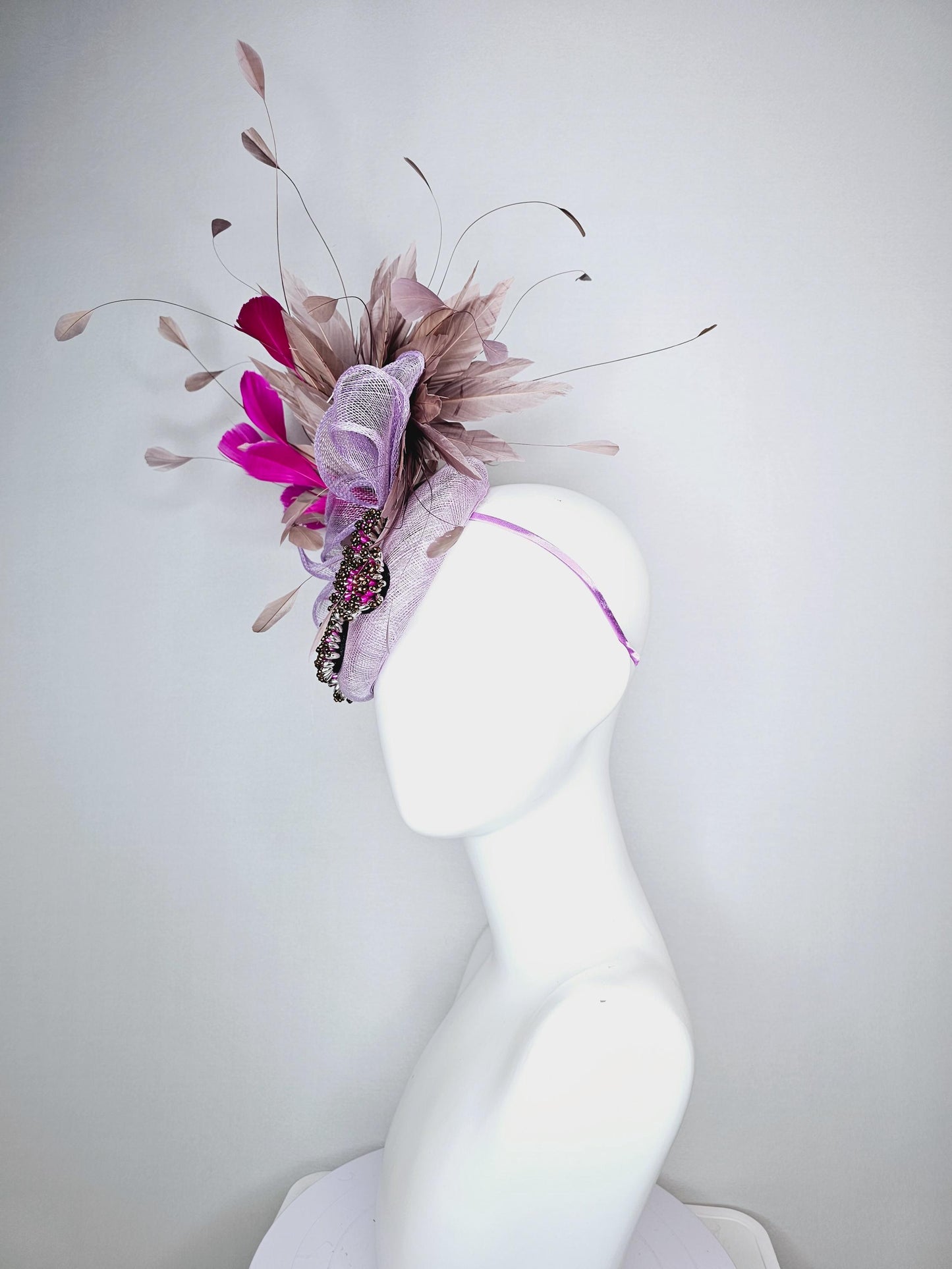kentucky derby hat fascinator light lavender purple sinamay with bow and pearl jewels embroidered and pink beige brown taupe feathers