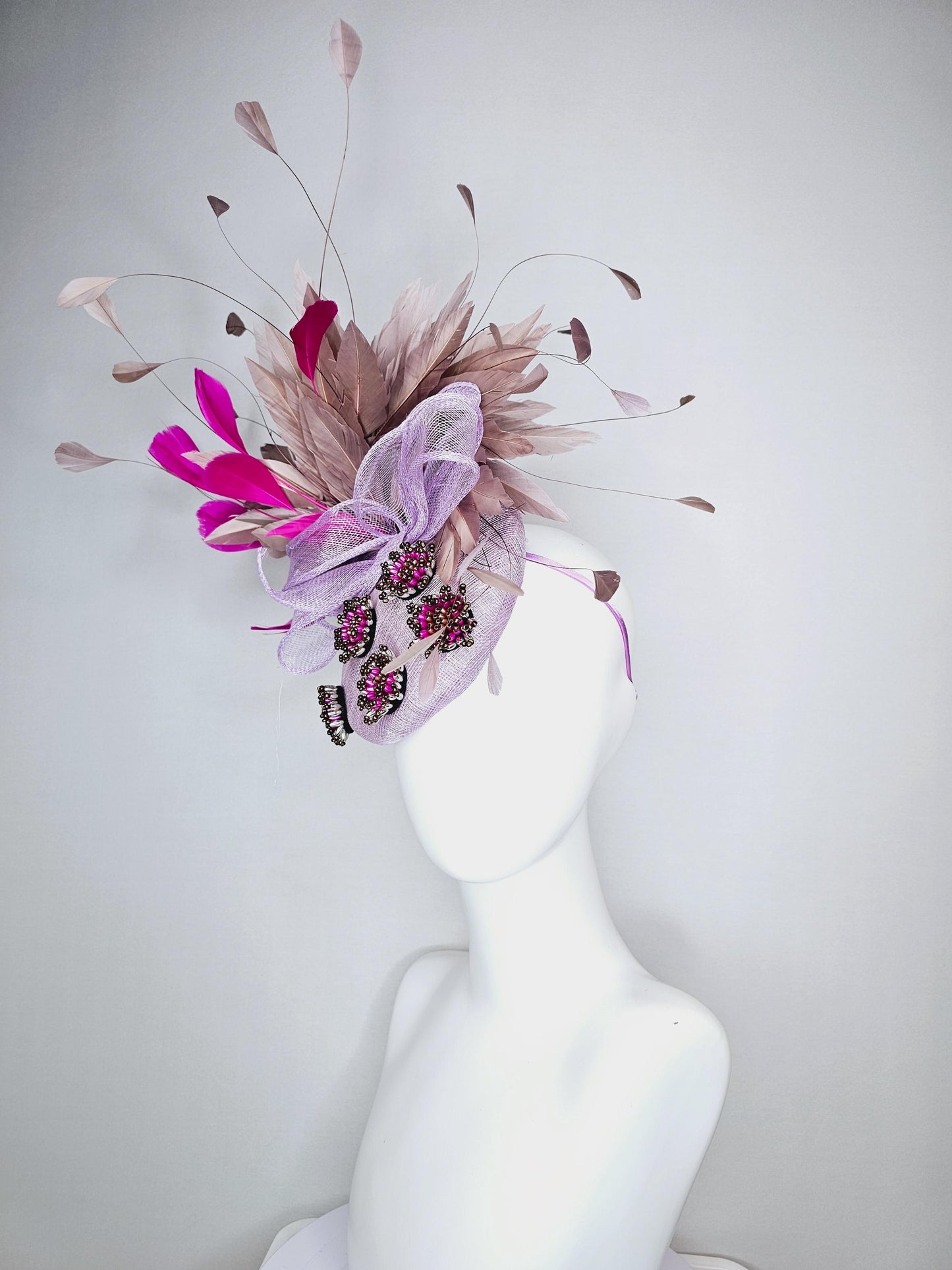 kentucky derby hat fascinator light lavender purple sinamay with bow and pearl jewels embroidered and pink beige brown taupe feathers