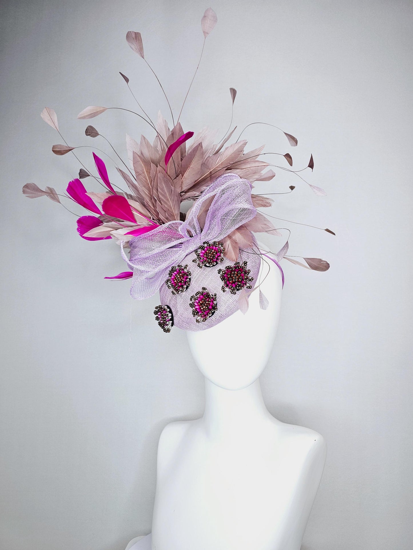 kentucky derby hat fascinator light lavender purple sinamay with bow and pearl jewels embroidered and pink beige brown taupe feathers