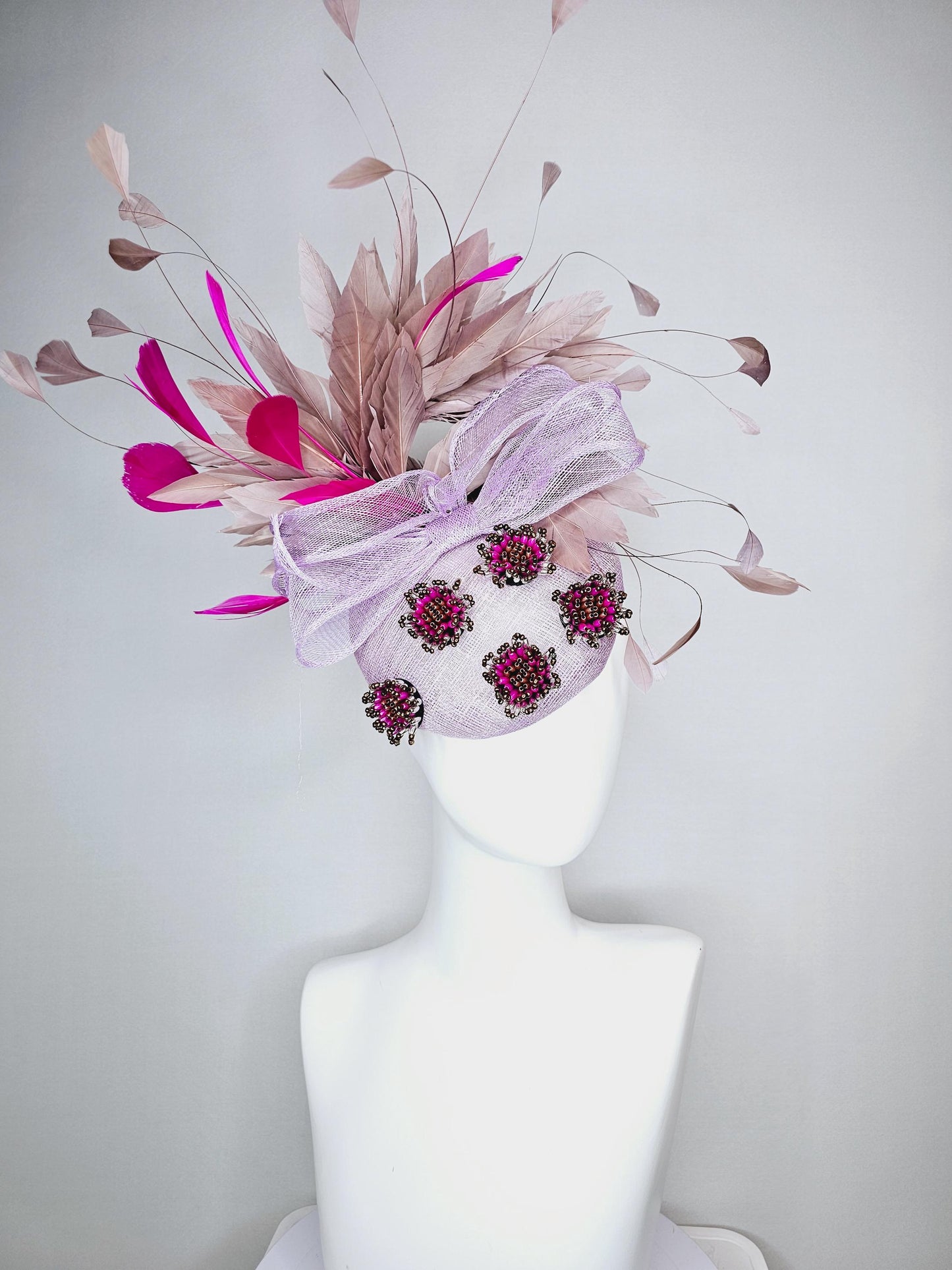 kentucky derby hat fascinator light lavender purple sinamay with bow and pearl jewels embroidered and pink beige brown taupe feathers