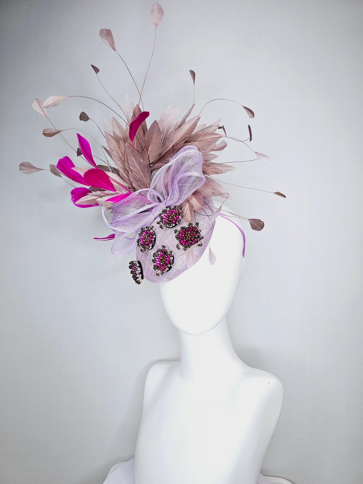kentucky derby hat fascinator light lavender purple sinamay with bow and pearl jewels embroidered and pink beige brown taupe feathers
