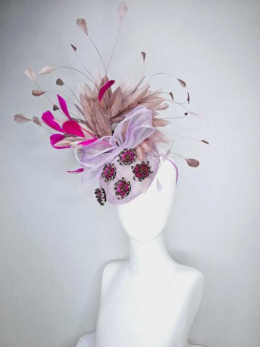 kentucky derby hat fascinator light lavender purple sinamay with bow and pearl jewels embroidered and pink beige brown taupe feathers