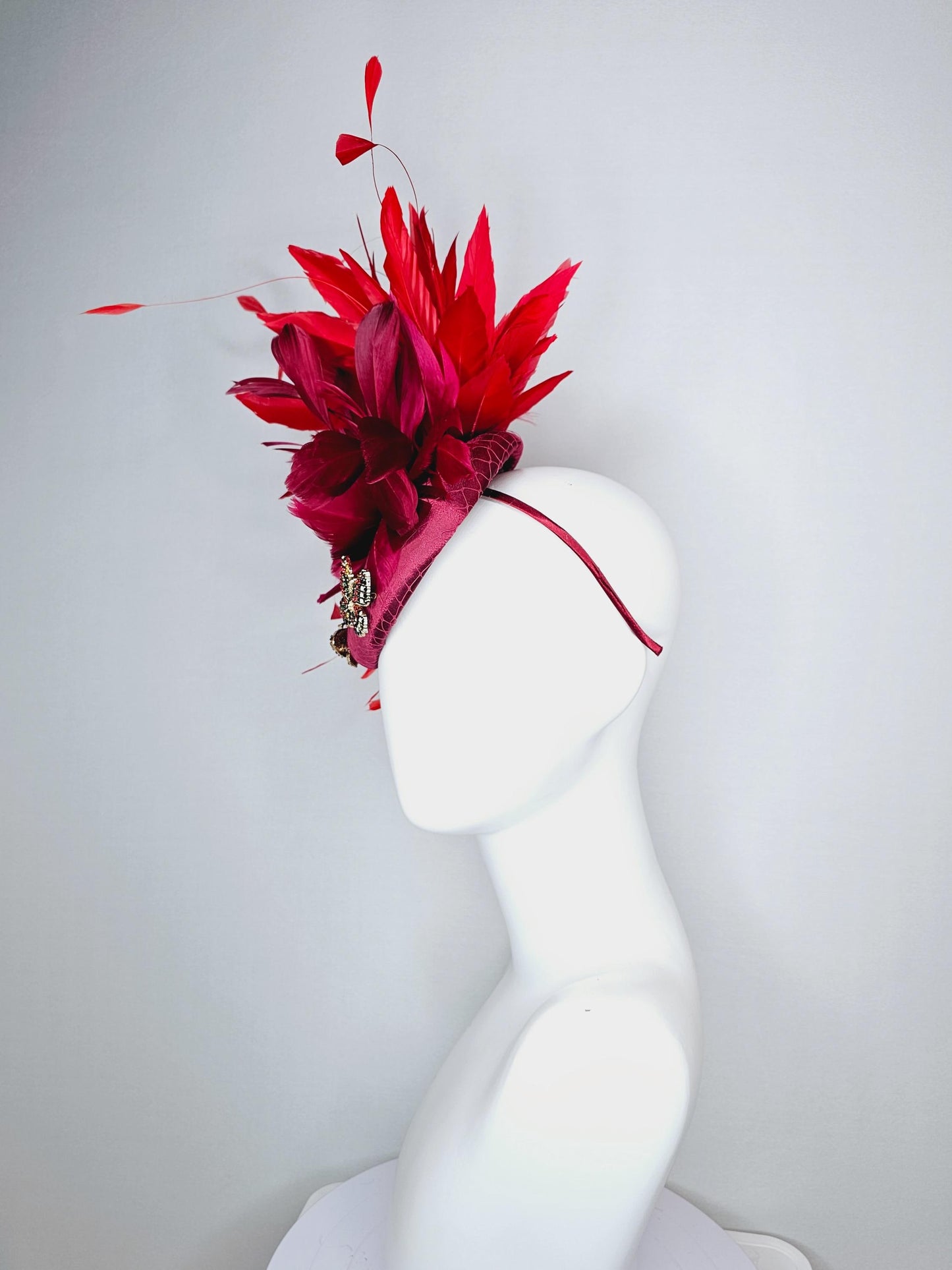 kentucky derby hat fascinator wine red satin with netting and colorful crystal jewels butterflies scarlet red wine red branching feathers
