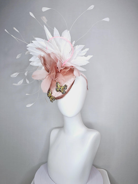 kentucky derby hat fascinator champagne pink satin with netting and colorful crystal jewels butterflies dusty pink white branching feathers