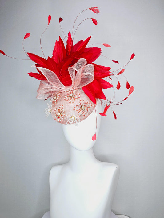 kentucky derby hat fascinator pink champagne sinamay with bow and pearl jewel embroidered flowers with scarlet red branching feathers