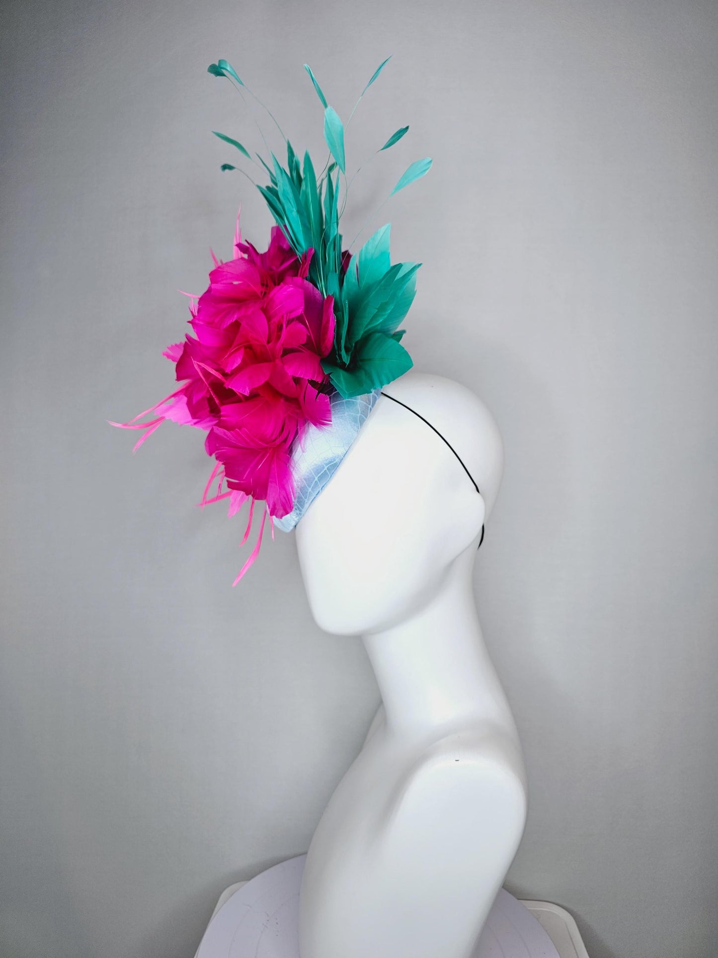 kentucky derby hat fascinator colorful light blue satin with netting fluffy pink zigzag feather flower hot fuchsia pink aqua blue feathers