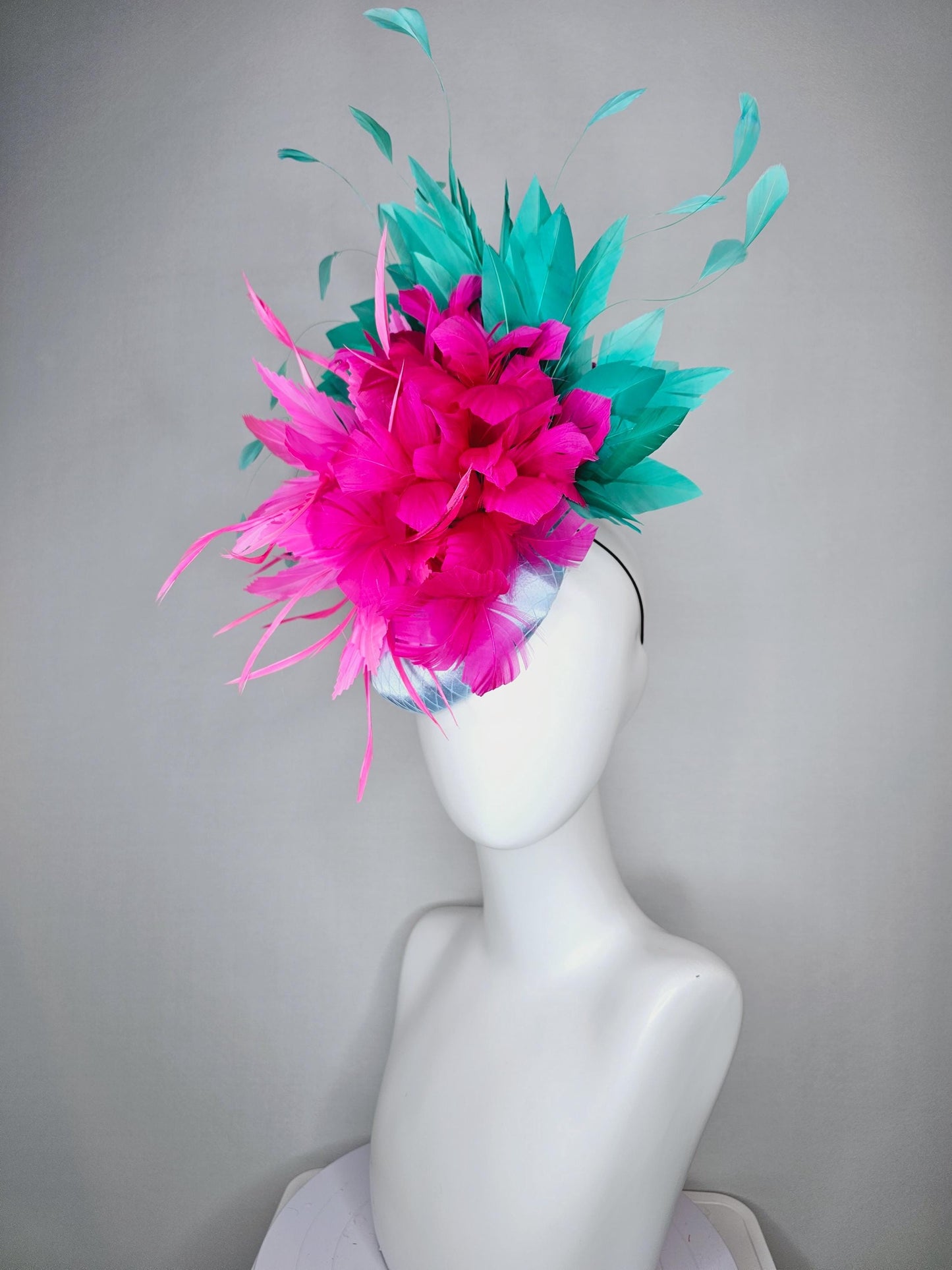 kentucky derby hat fascinator colorful light blue satin with netting fluffy pink zigzag feather flower hot fuchsia pink aqua blue feathers