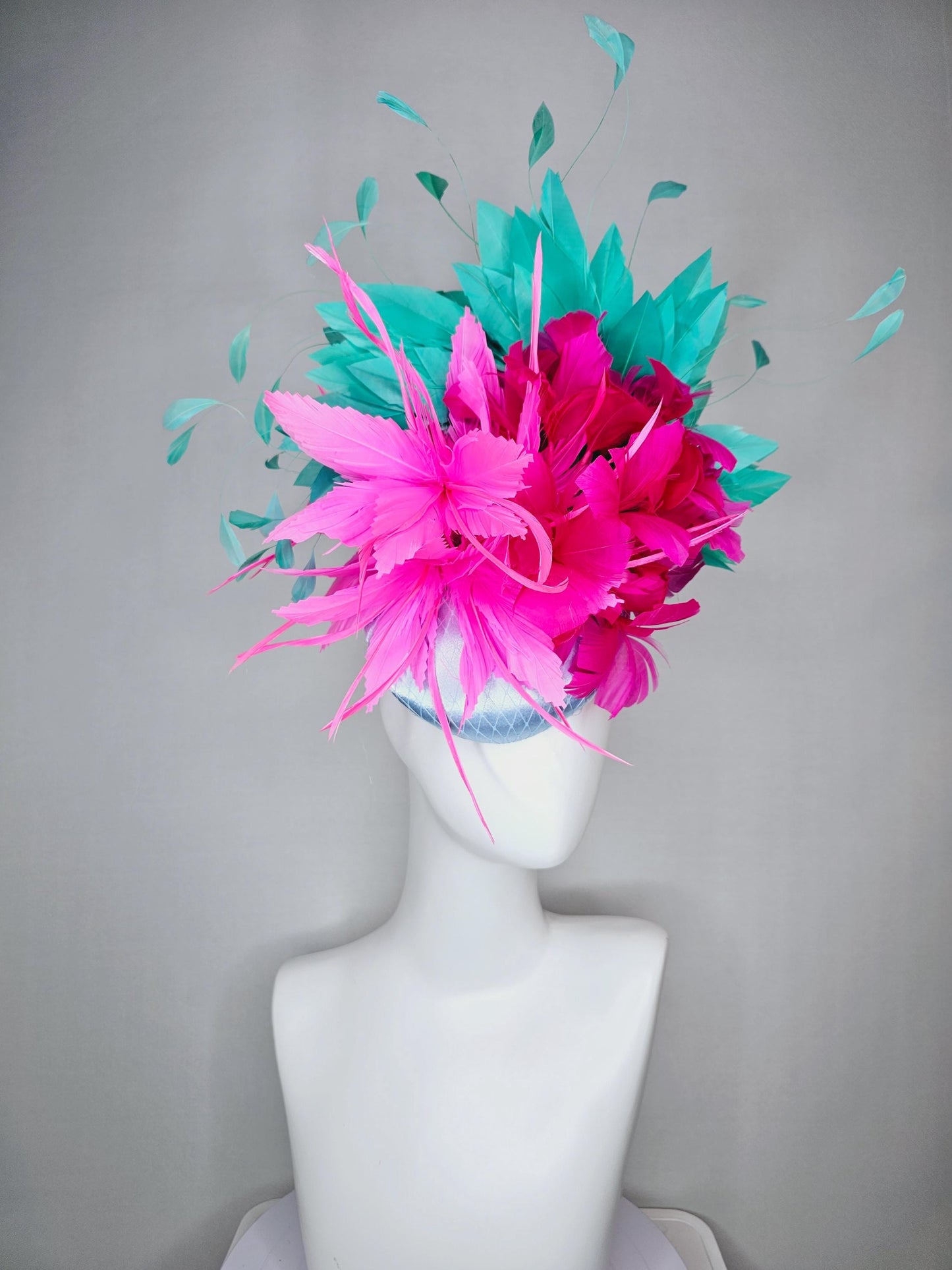 kentucky derby hat fascinator colorful light blue satin with netting fluffy pink zigzag feather flower hot fuchsia pink aqua blue feathers