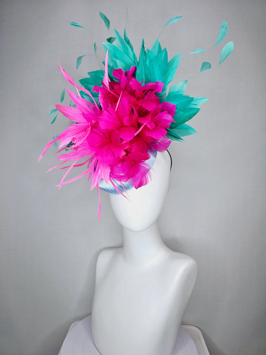 kentucky derby hat fascinator colorful light blue satin with netting fluffy pink zigzag feather flower hot fuchsia pink aqua blue feathers
