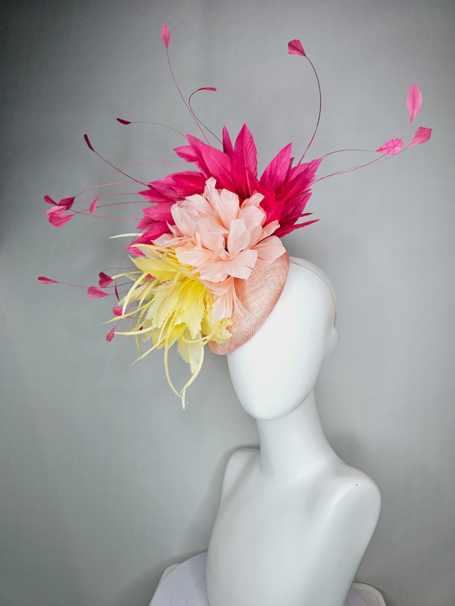 kentucky derby hat fascinator colorful champagne pink sinamay fluffy yellow zigzag champagne pink feather flowers raspberry pink feathers