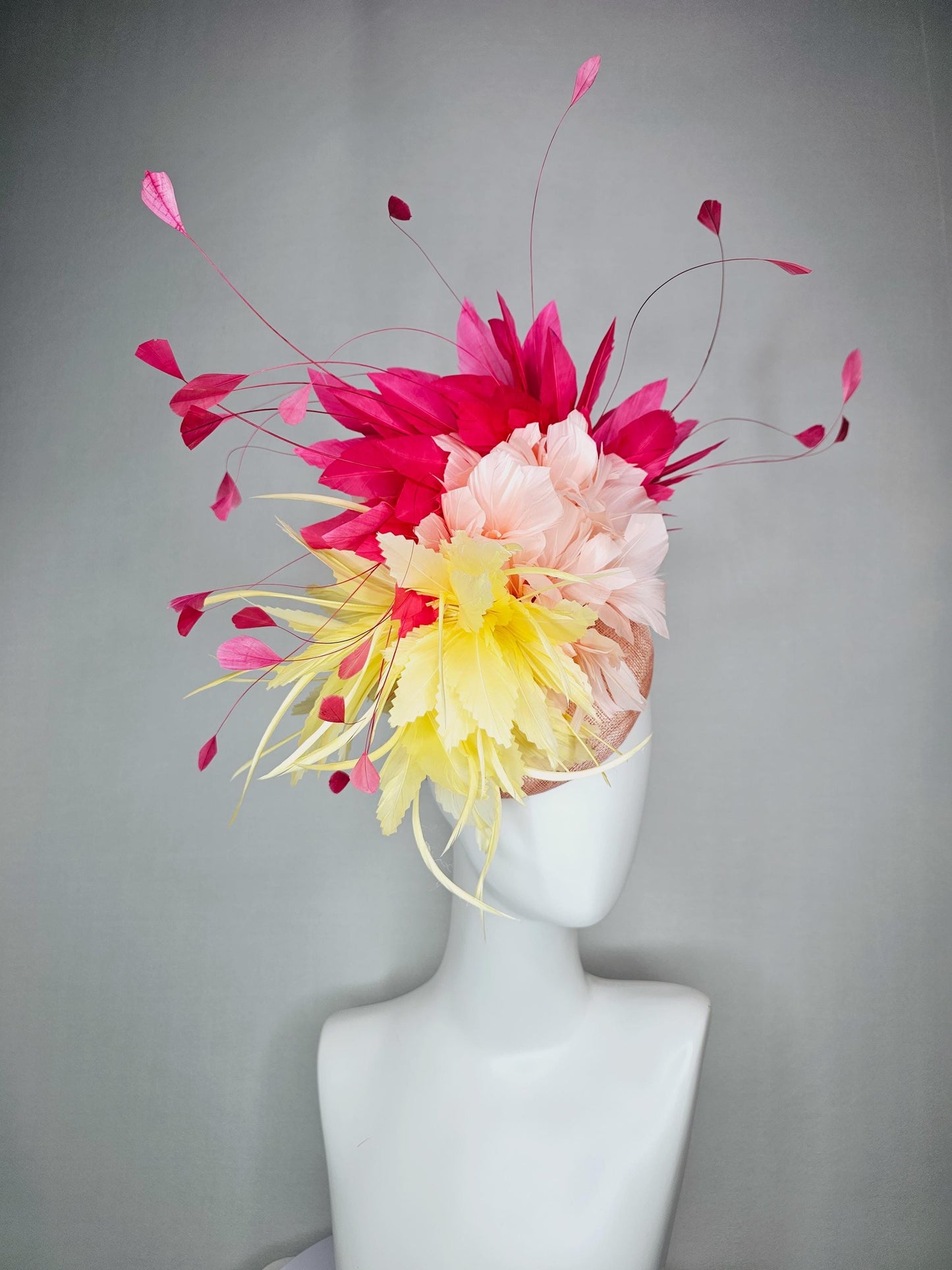 kentucky derby hat fascinator colorful champagne pink sinamay fluffy yellow zigzag champagne pink feather flowers raspberry pink feathers