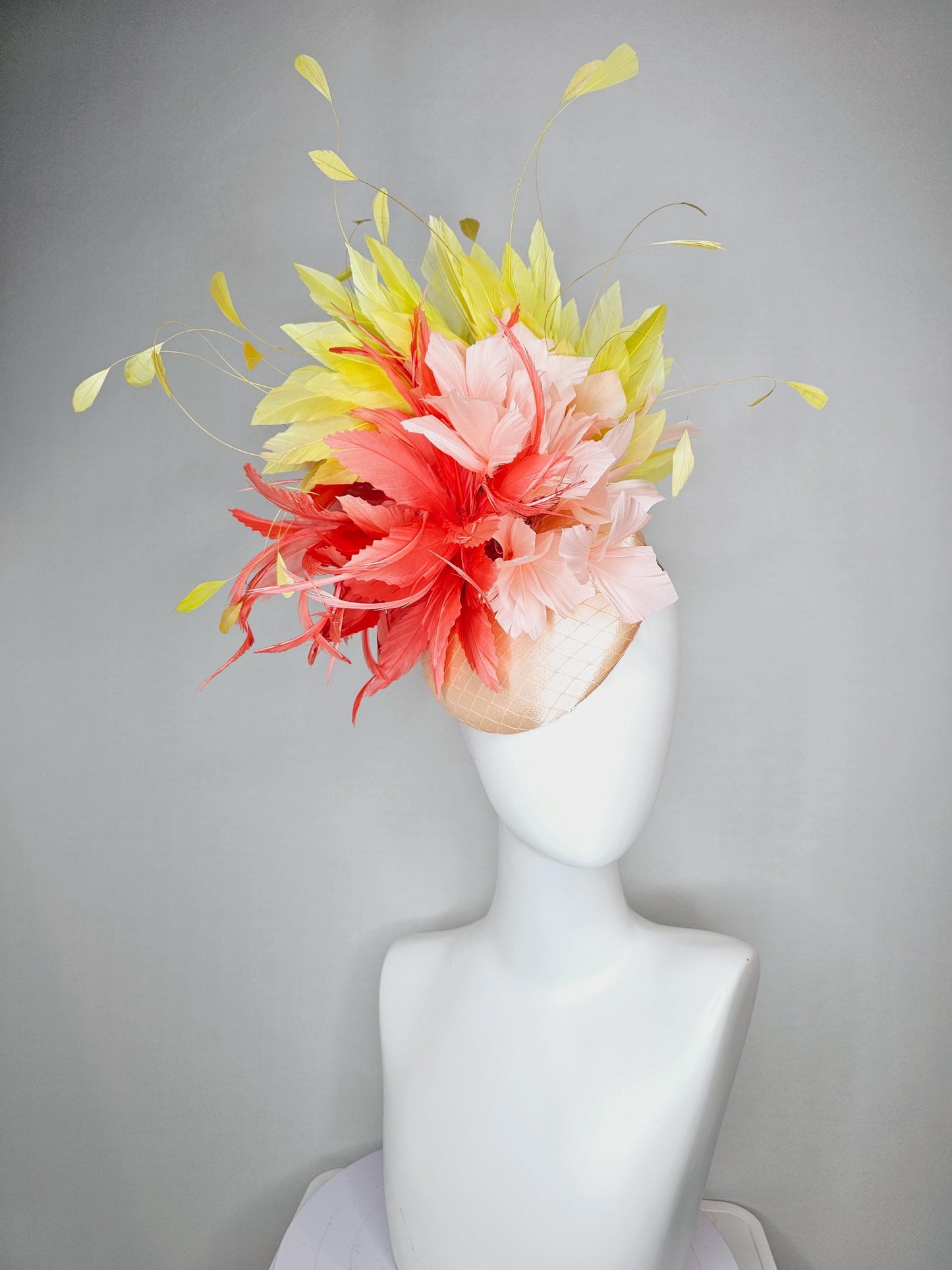 kentucky derby hat fascinator colorful champagne beige satin with netting fluffy coral orange champagne pink feather flowers yellow feathers