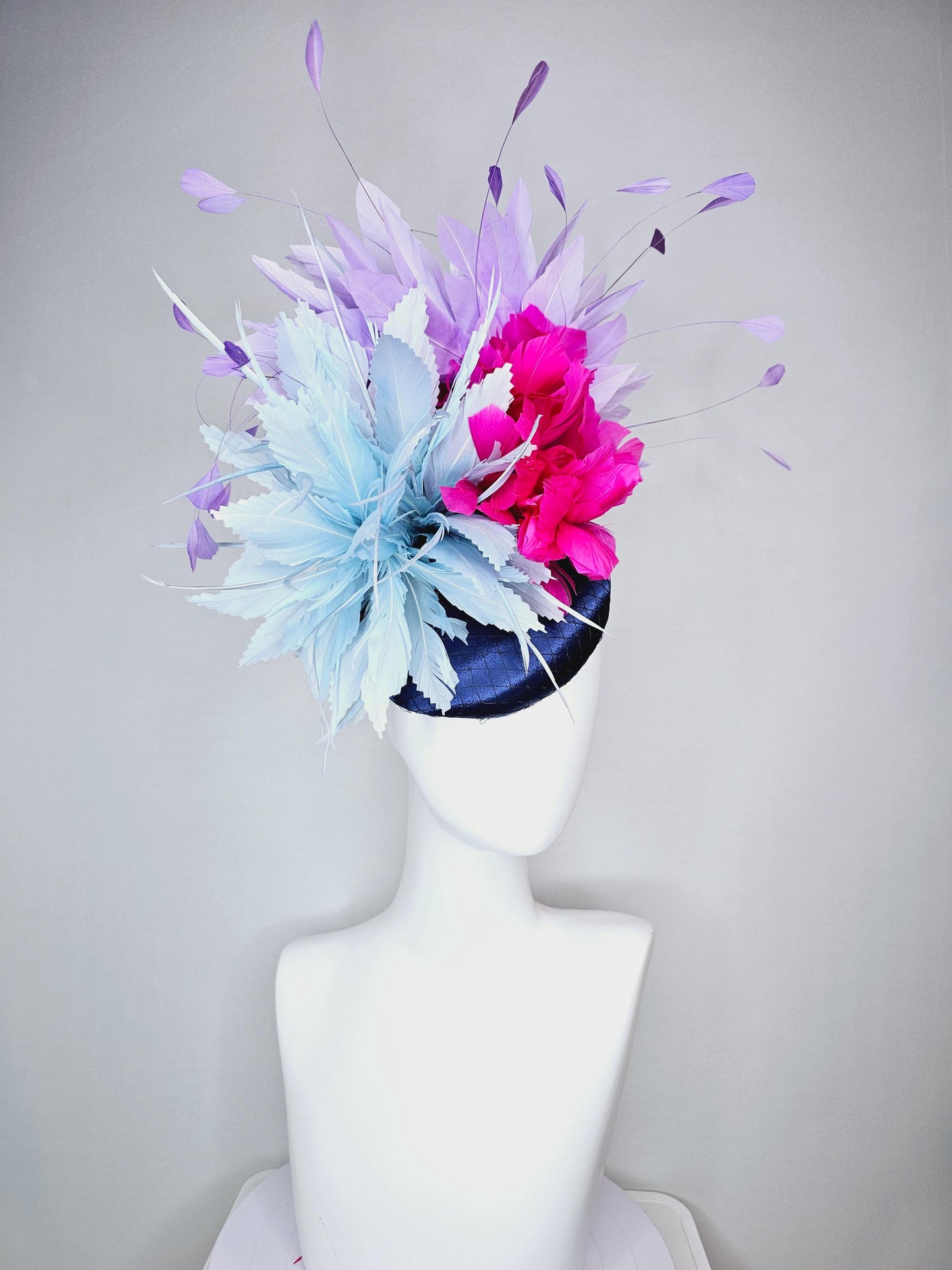 kentucky derby hat fascinator colorful navy blue satin with netting fluffy baby blue fuchsia pink feather flowers lavender purple feathers
