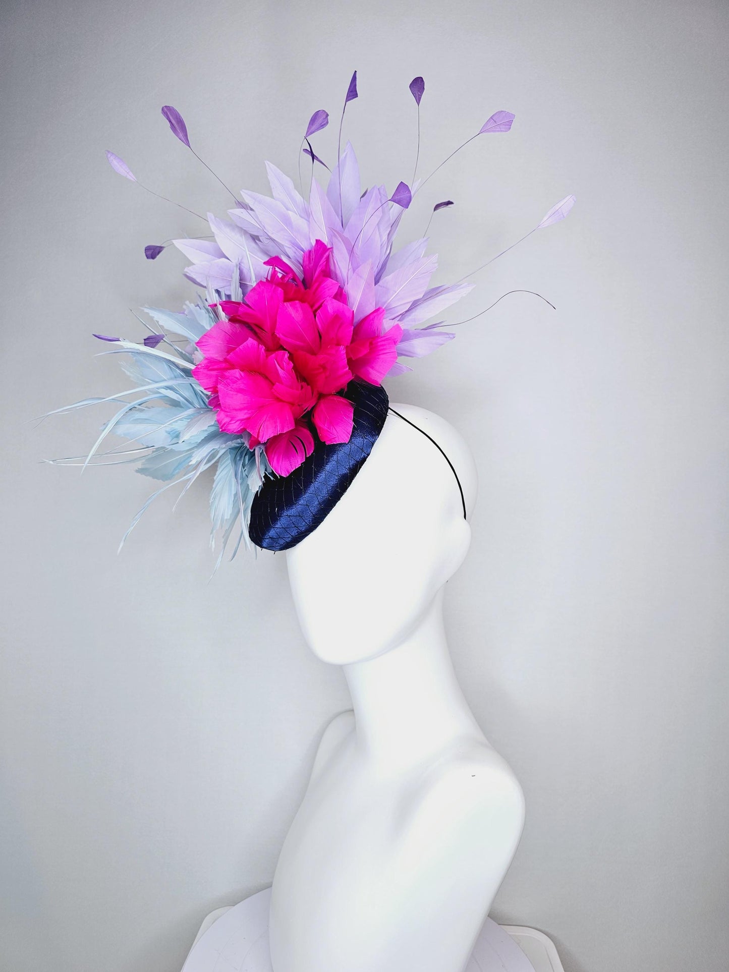kentucky derby hat fascinator colorful navy blue satin with netting fluffy baby blue fuchsia pink feather flowers lavender purple feathers