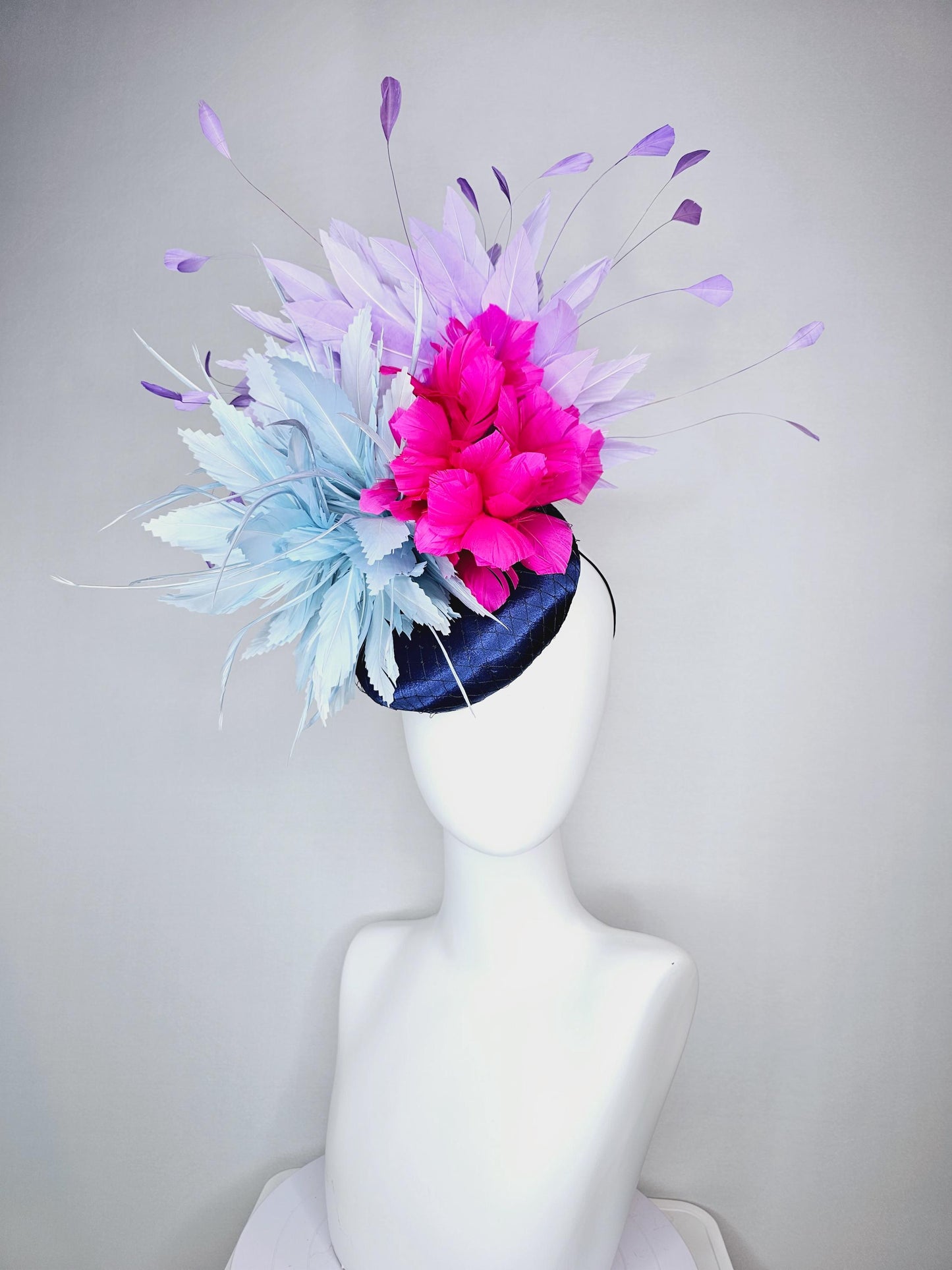 kentucky derby hat fascinator colorful navy blue satin with netting fluffy baby blue fuchsia pink feather flowers lavender purple feathers
