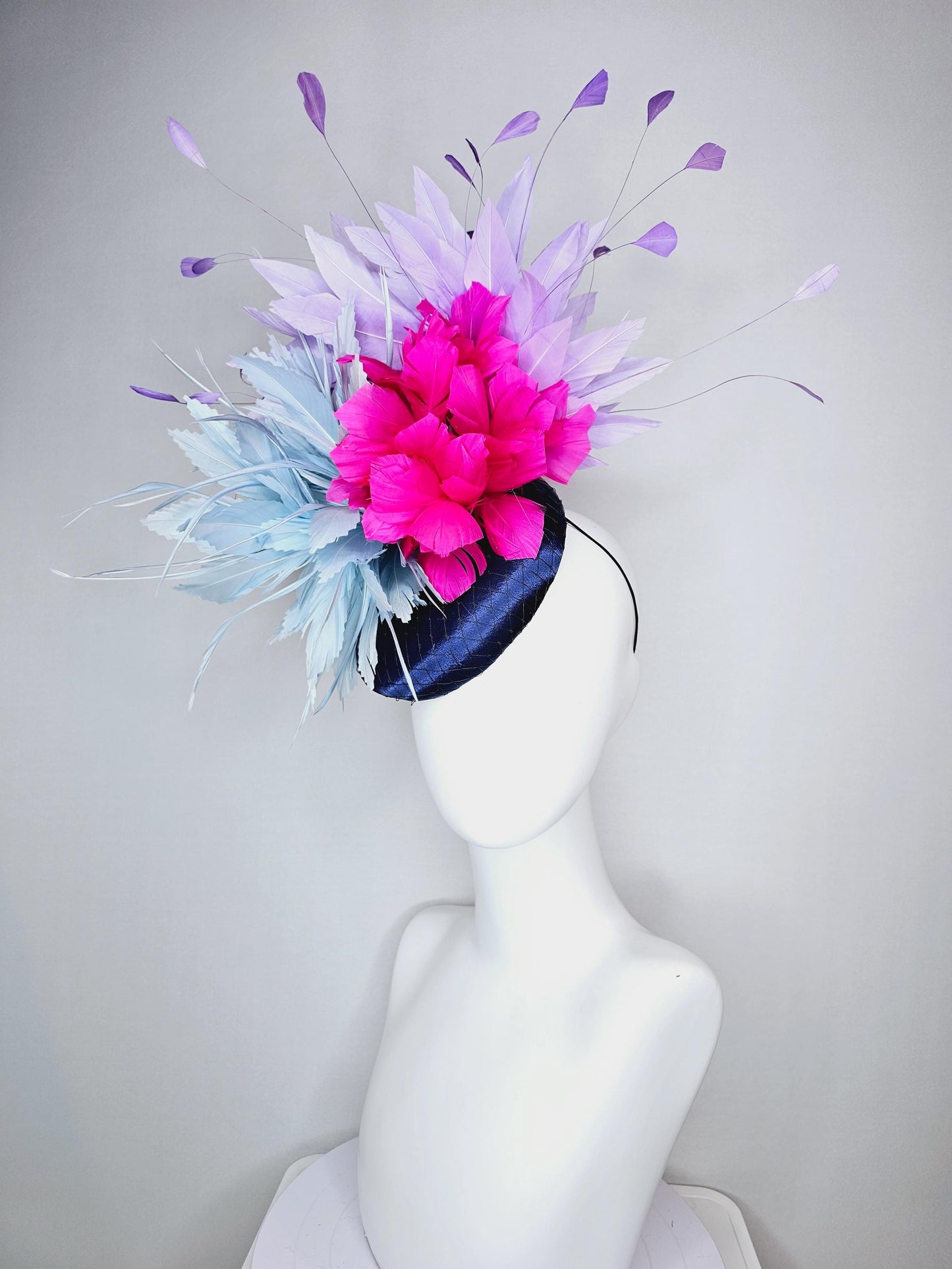 kentucky derby hat fascinator colorful navy blue satin with netting fluffy baby blue fuchsia pink feather flowers lavender purple feathers