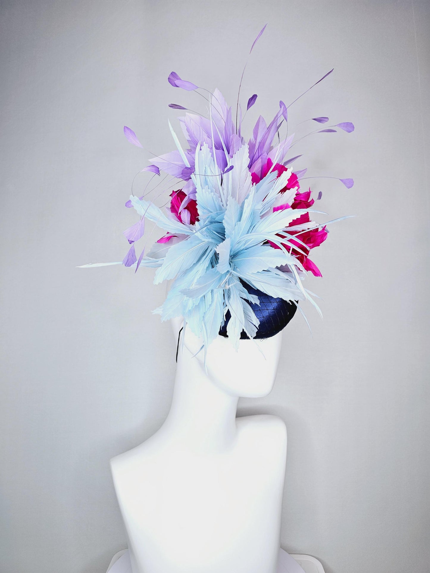 kentucky derby hat fascinator colorful navy blue satin with netting fluffy baby blue fuchsia pink feather flowers lavender purple feathers