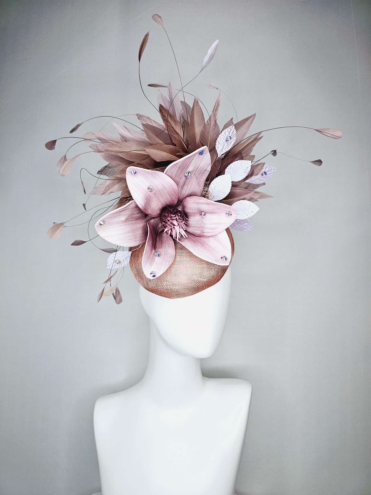 kentucky derby hat fascinator neutral dusty pink sinamay with light dusty pink satin flower white leaves taupe brown branching feathers