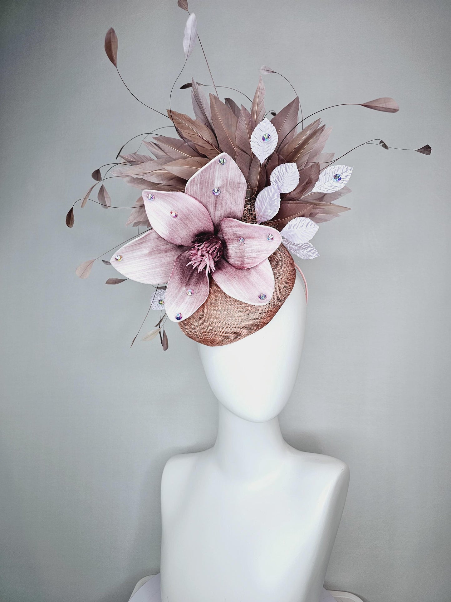 kentucky derby hat fascinator neutral dusty pink sinamay with light dusty pink satin flower white leaves taupe brown branching feathers