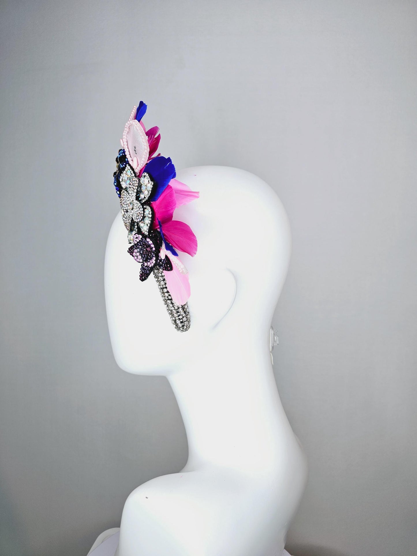 kentucky derby hat fascinator clear swarovski crystal headband with pink beige blue black crystal flowers butterfly pink royal blue feathers